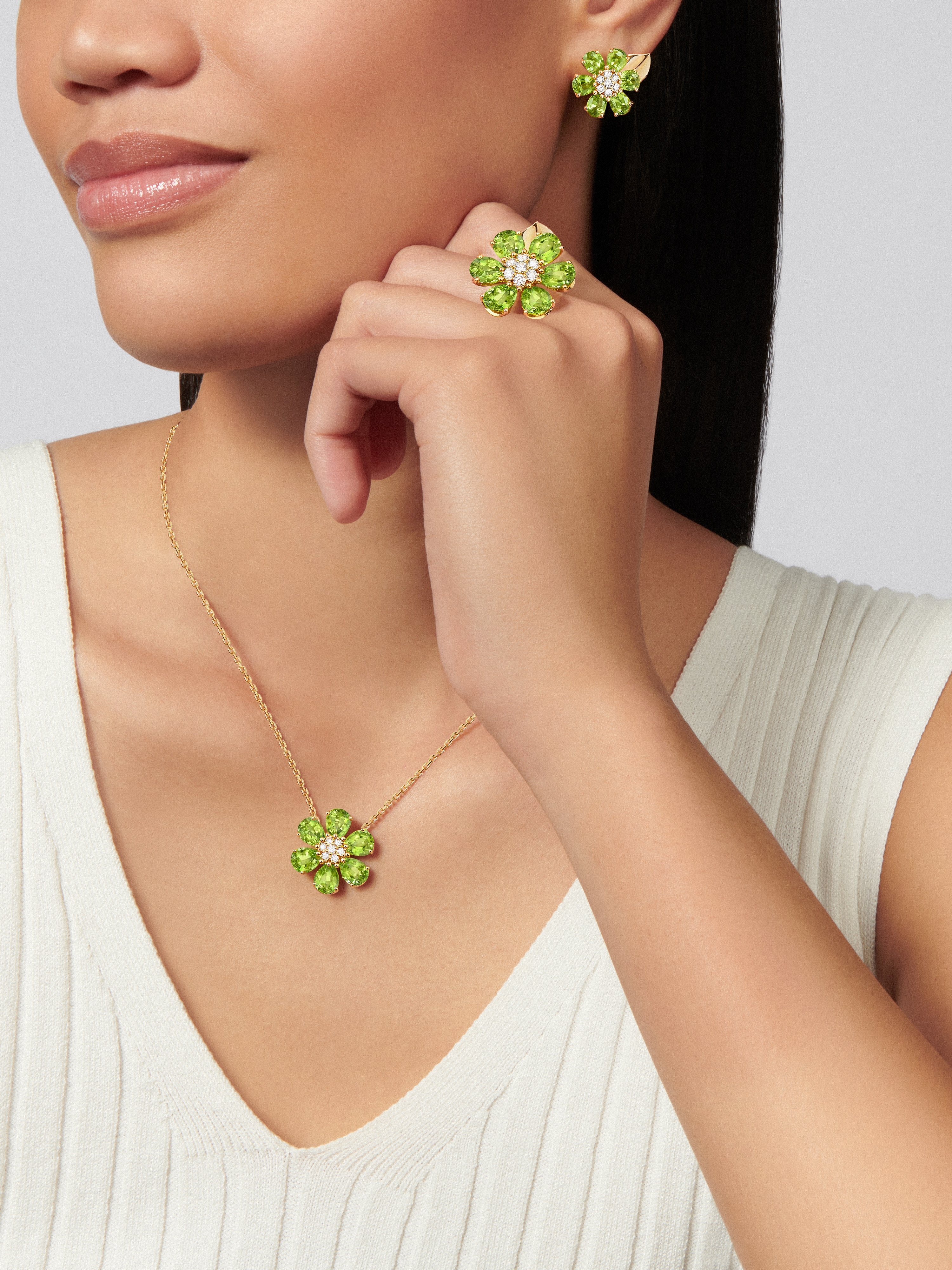 Fleurs d’Hawaï earrings, 18K yellow gold, Diamond:  14 stones,  0.39 carat, Peridot:  12 stones,  9.24 carats, Worn Detail, Jewelry Earrings - Van Cleef & Arpels