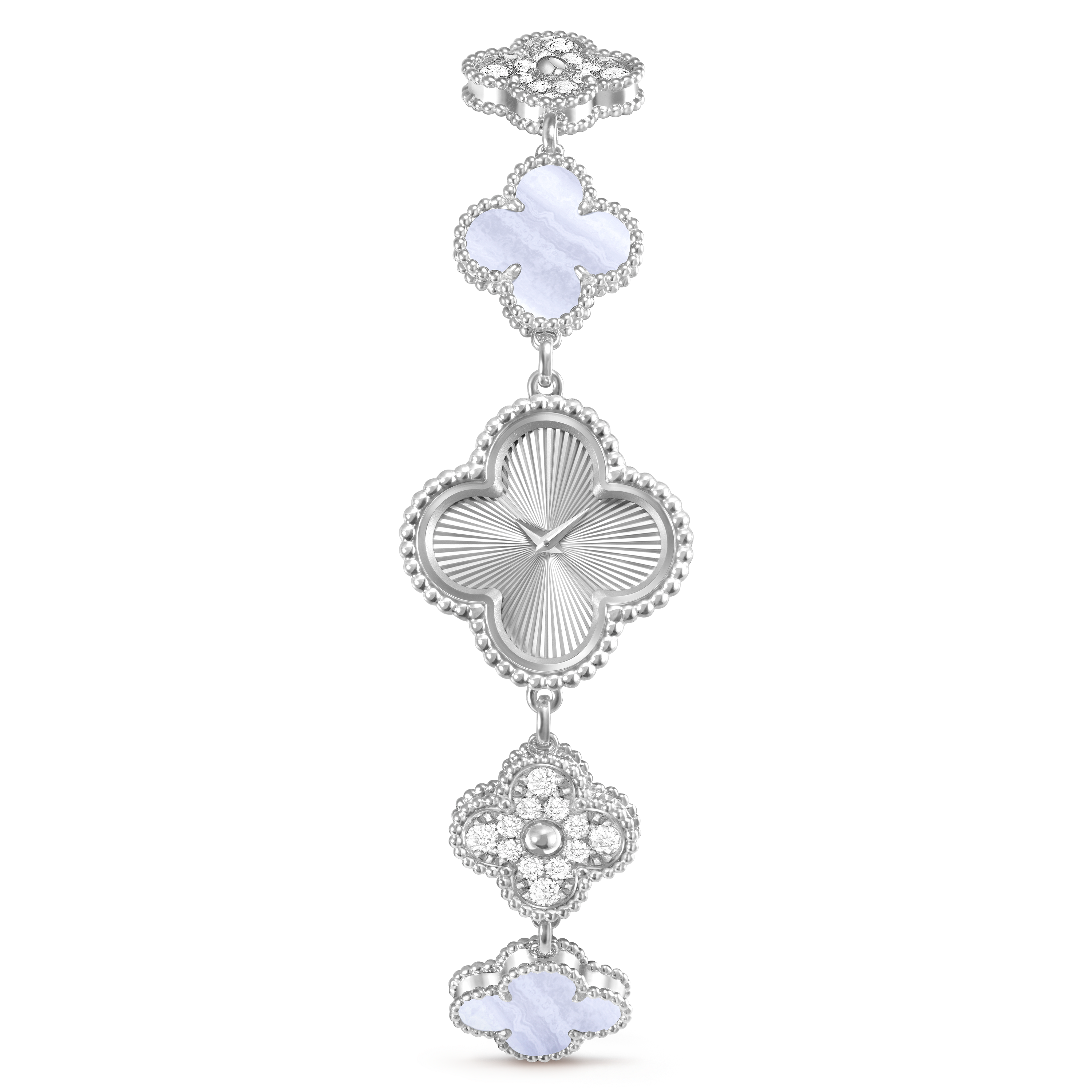 Sweet Alhambra Watch, 18K white gold, Chalcedony:  3 stones, Diamond:  36 stones,  1.42 carats, Front, Watch - Van Cleef & Arpels
