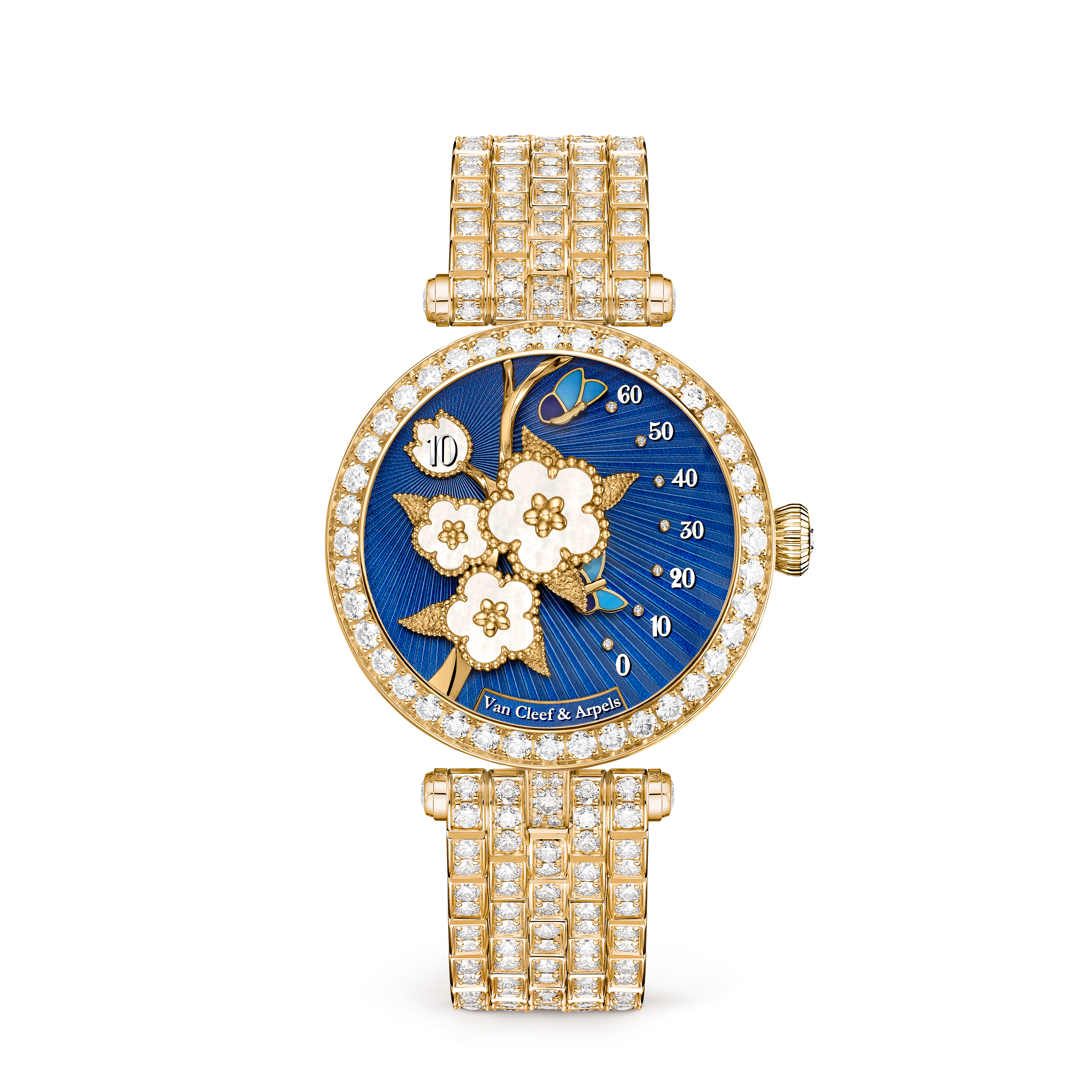 レディ ラッキー スプリング パピヨン, 18K イエローゴールド, ダイヤモンド:  602 石,  14.6 カラット, マザー オブ パール:  3 石, Front, Watch - ヴァン クリーフ&アーペル - Van Cleef & Arpels