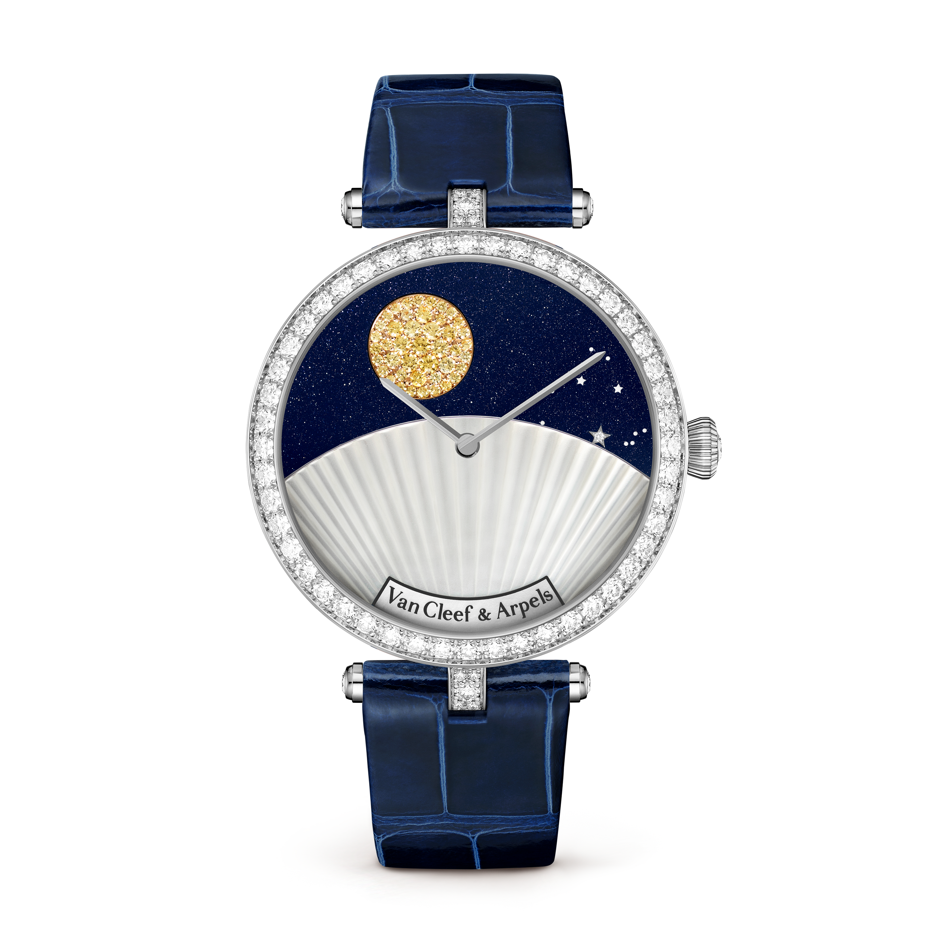 Lady Arpels Jour Nuit watch, 18K white gold, 18K yellow gold, Aventurine:  1 stone, Diamond:  374 stones,  4.98 carats, Mother-of-pearl:  1 stone, Sapphire:  43 stones,  0.36 carat, Front, Watch