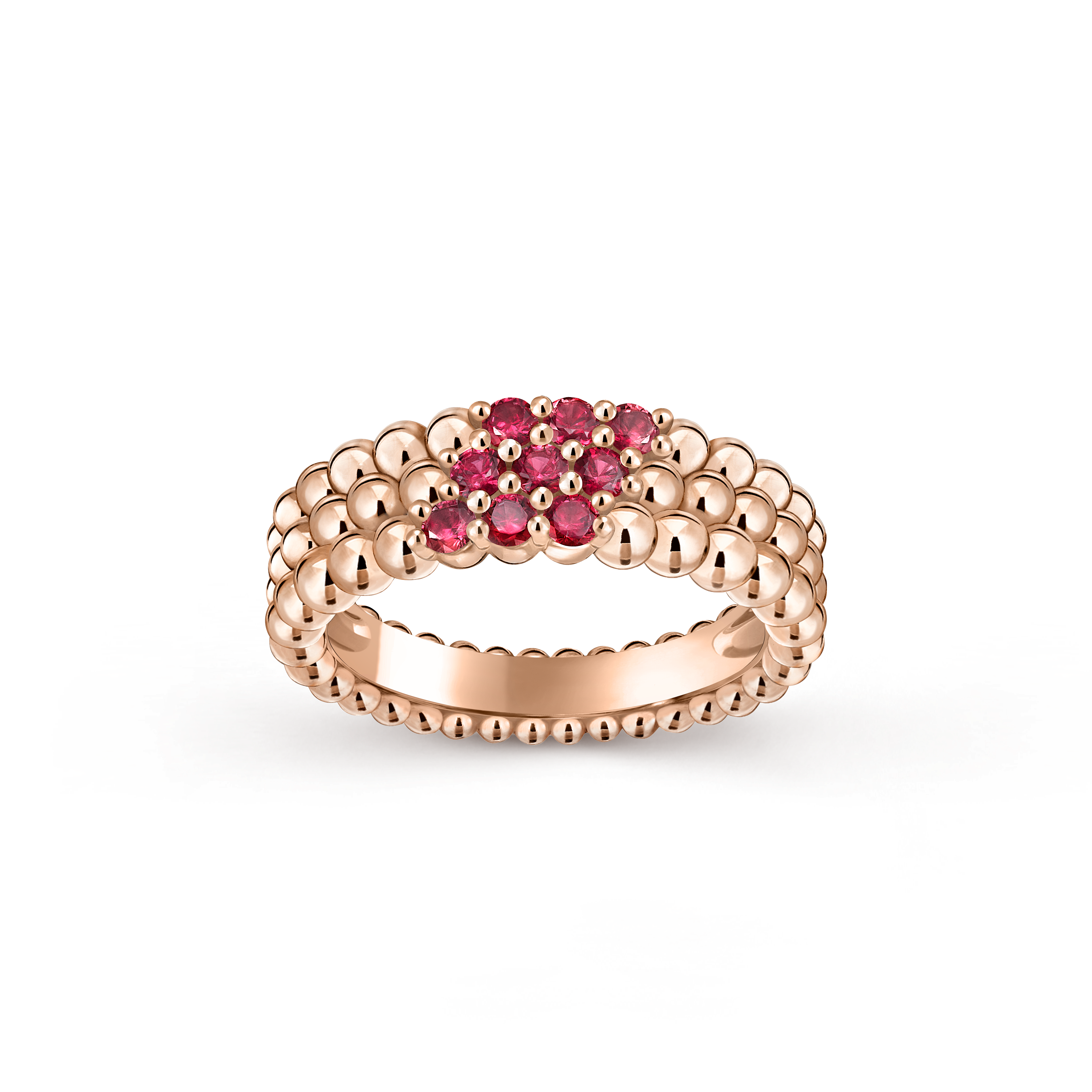Anel Perlée Couleurs, 3 fileiras, Ouro rosa de 18 quilates, Rubis:  9 pedras,  0.41quilate, Front, Jewelry Ring - Van Cleef & Arpels