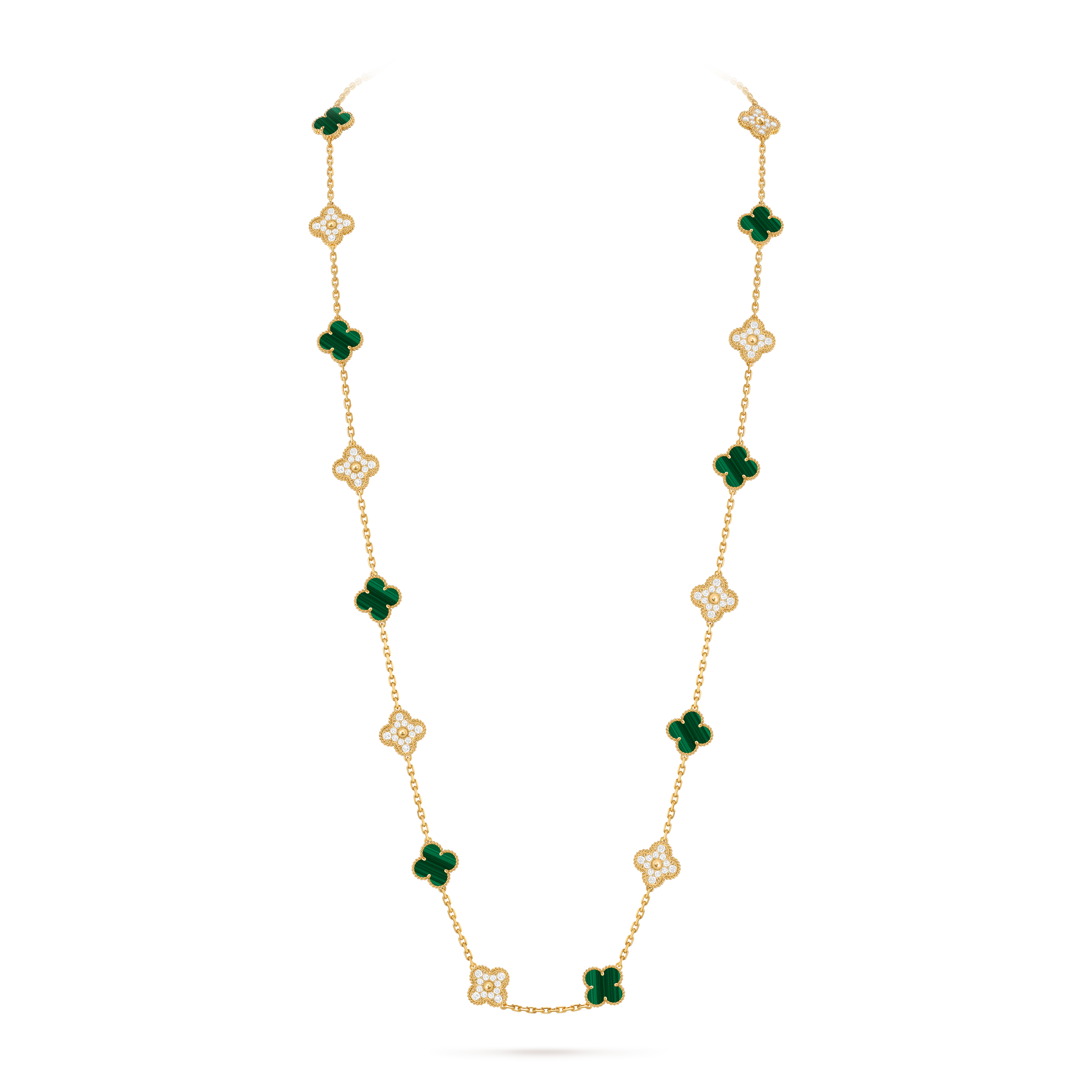 Vintage Alhambra long necklace, 20 motifs, 18K yellow gold, Diamond:  120 stones,  4.83 carats, Malachite:  10 stones, On Stand, Jewelry Long Necklace - Van Cleef & Arpels