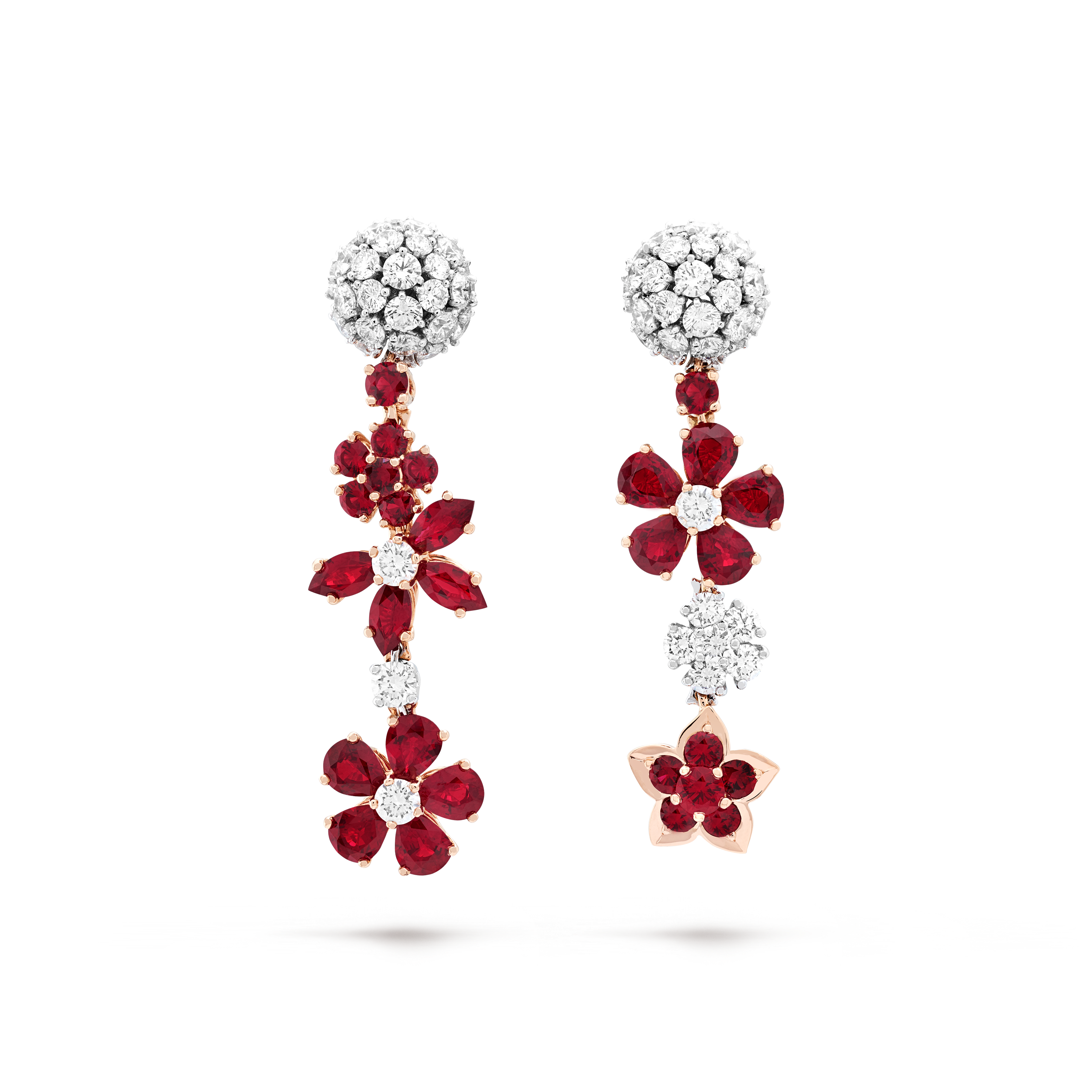 Folie des Prés earrings, 18K rose gold, 18K white gold, Diamond:  64 stones,  3.2 carats, Ruby:  28 stones,  6.27 carats, Front, High Jewelry Earrings - Van Cleef & Arpels