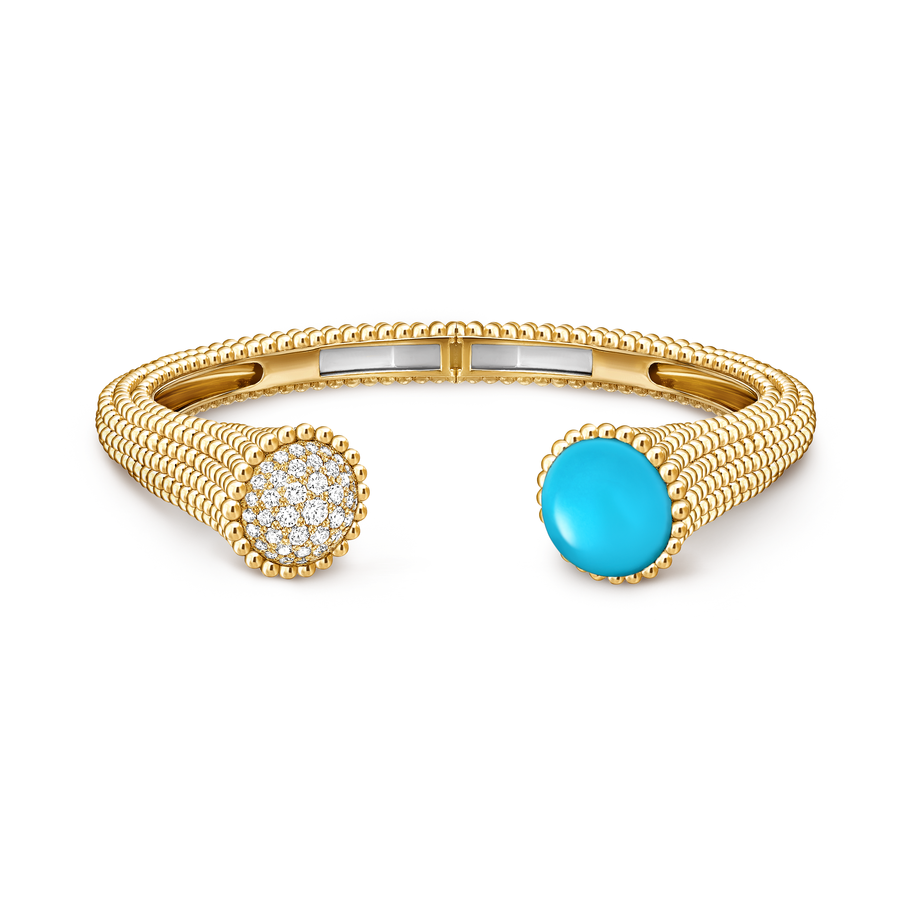 Perlée couleurs bracelet, medium model, 18K yellow gold, Diamond:  43 stones,  0.76 carat, Turquoise:  1 stone, Front, Jewelry Bracelet - Van Cleef & Arpels