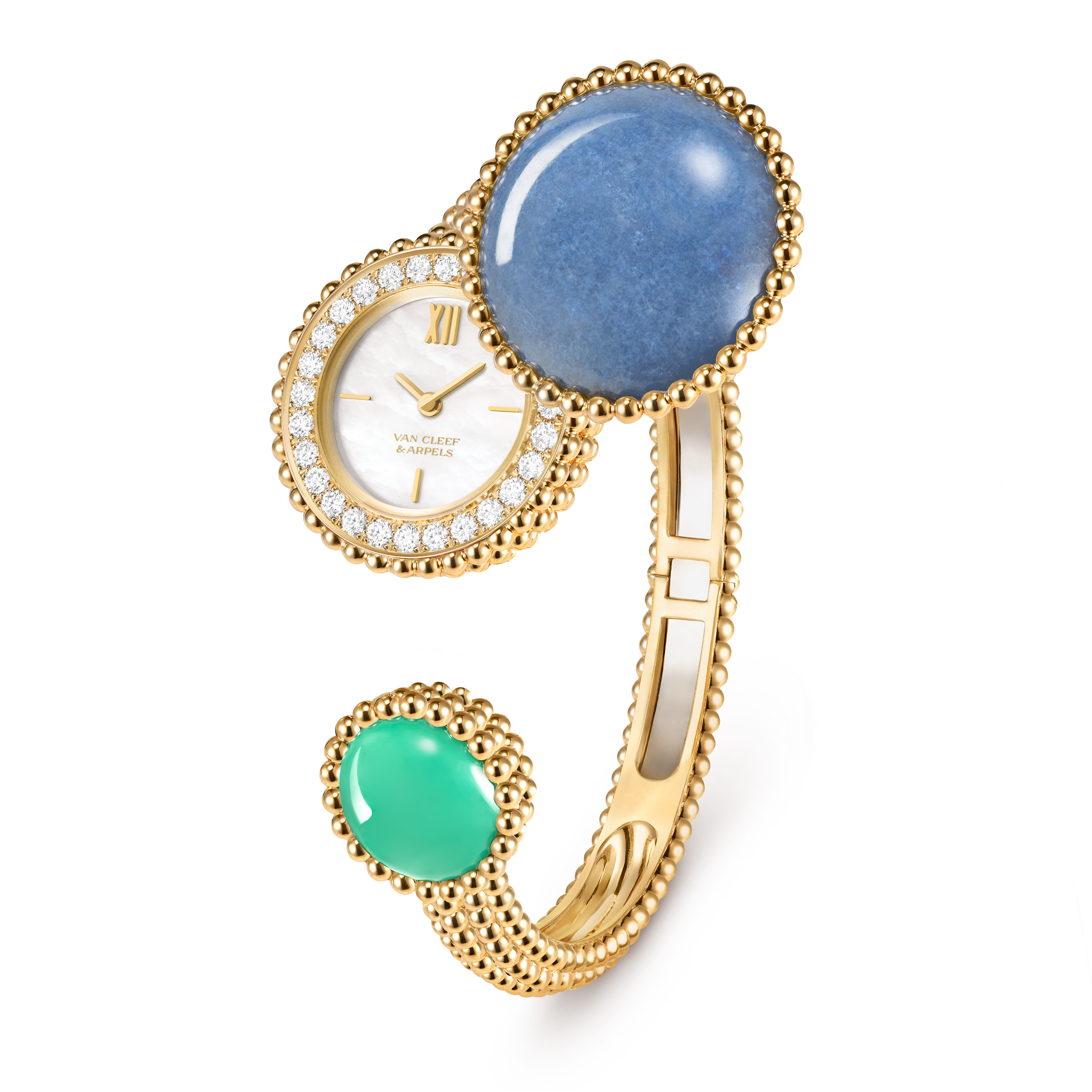 Perlée Toi & Moi secret watch, small model, 18K yellow gold, Chrysoprase:  1 stone, Diamond:  25 stones,  0.77 carat, Mother-of-pearl:  1 stone, Quartz:  1 stone, Three Fourth, Watch - Van Cleef & Arpels