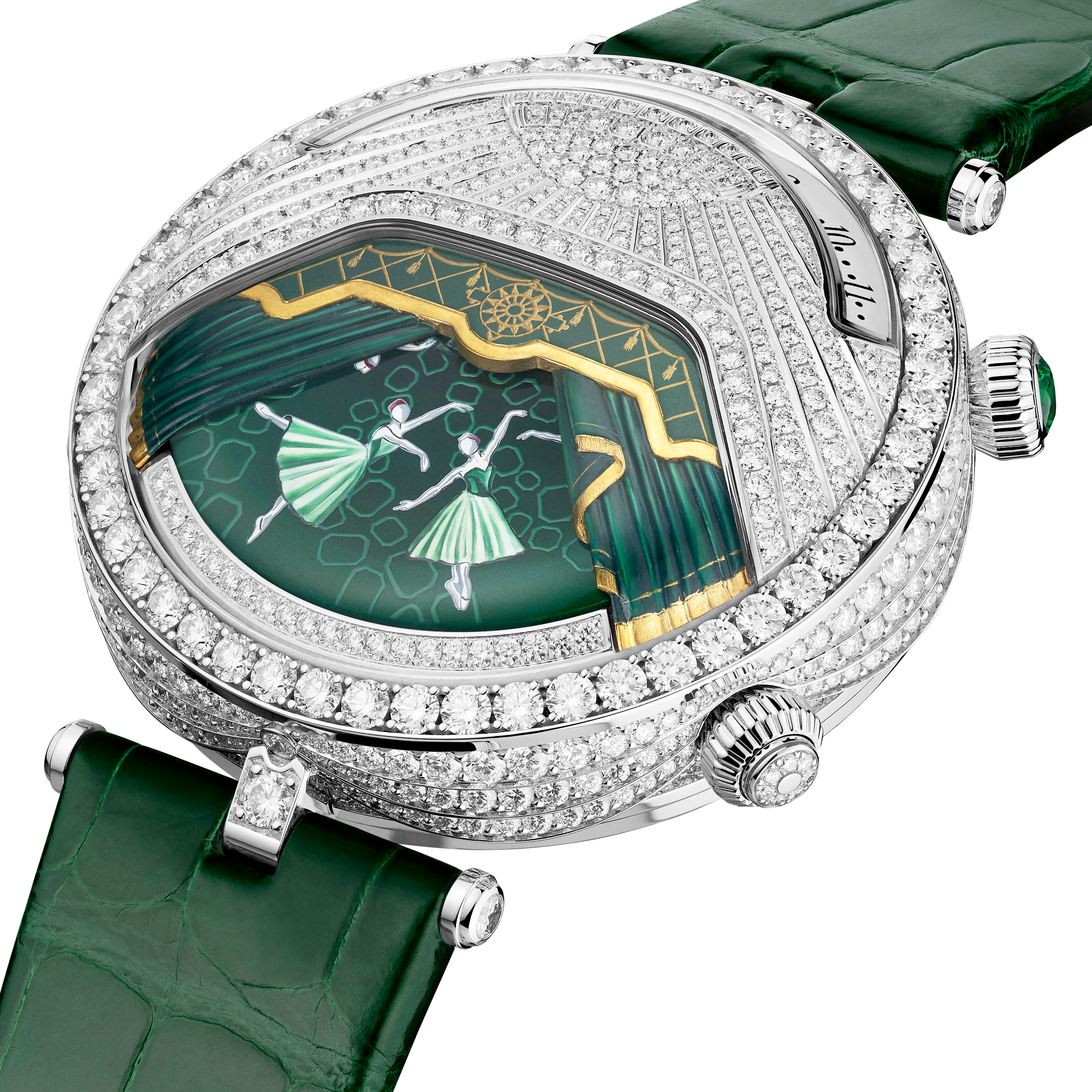 Montre Lady Arpels Ballerine Musicale Emeraude, Or blanc 750/1000, Diamant:  733 pierres,  7.52 carats, Émeraude:  1 pierre,  0.16 carat, Three Fourth, Watch - Van Cleef & Arpels