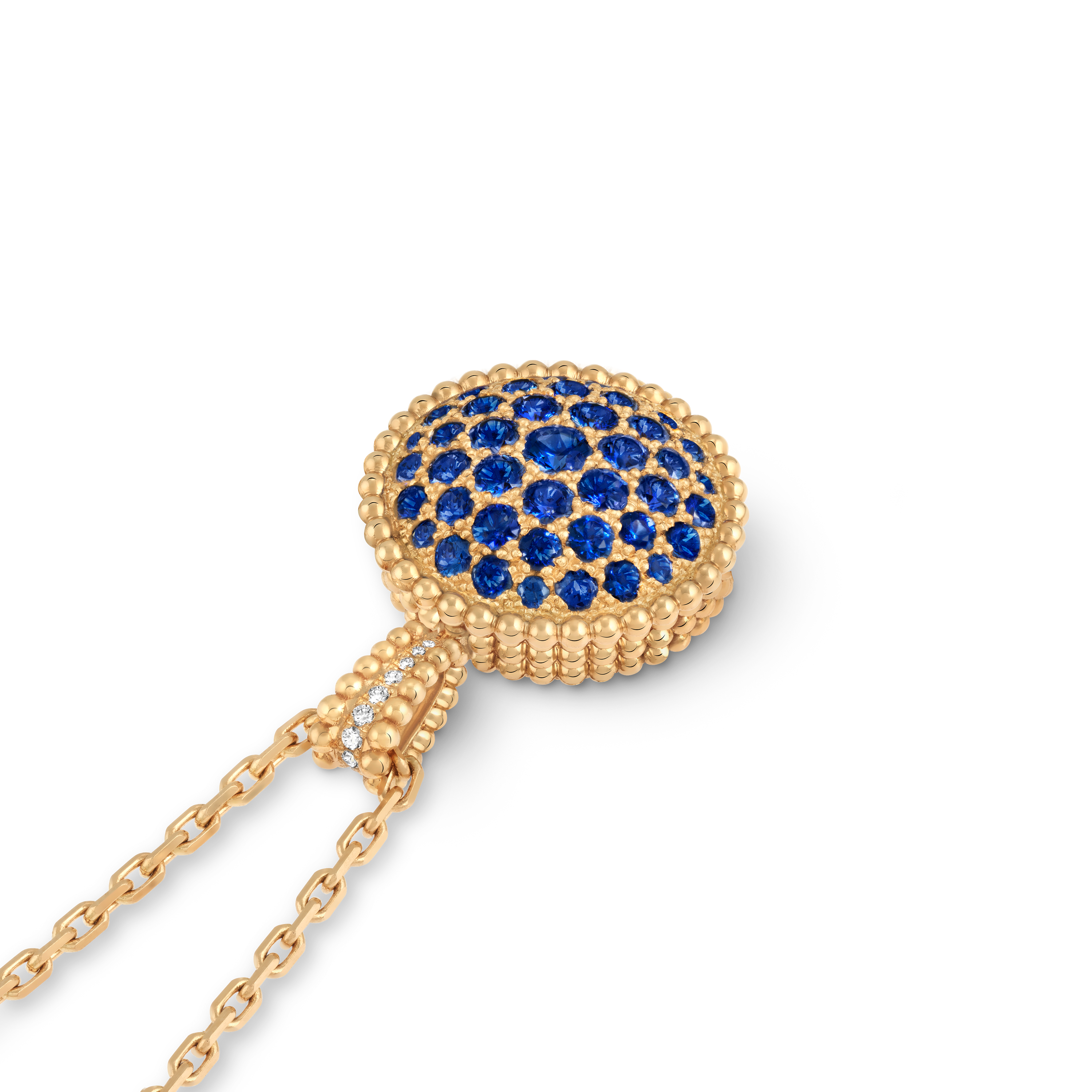 Perlée secret pendant watch, 18K yellow gold, Diamond:  40 stones,  0.92 carat, Mother-of-pearl:  1 stone, Sapphire:  43 stones,  4.53 carats, Front Alternative, Watch - Van Cleef & Arpels