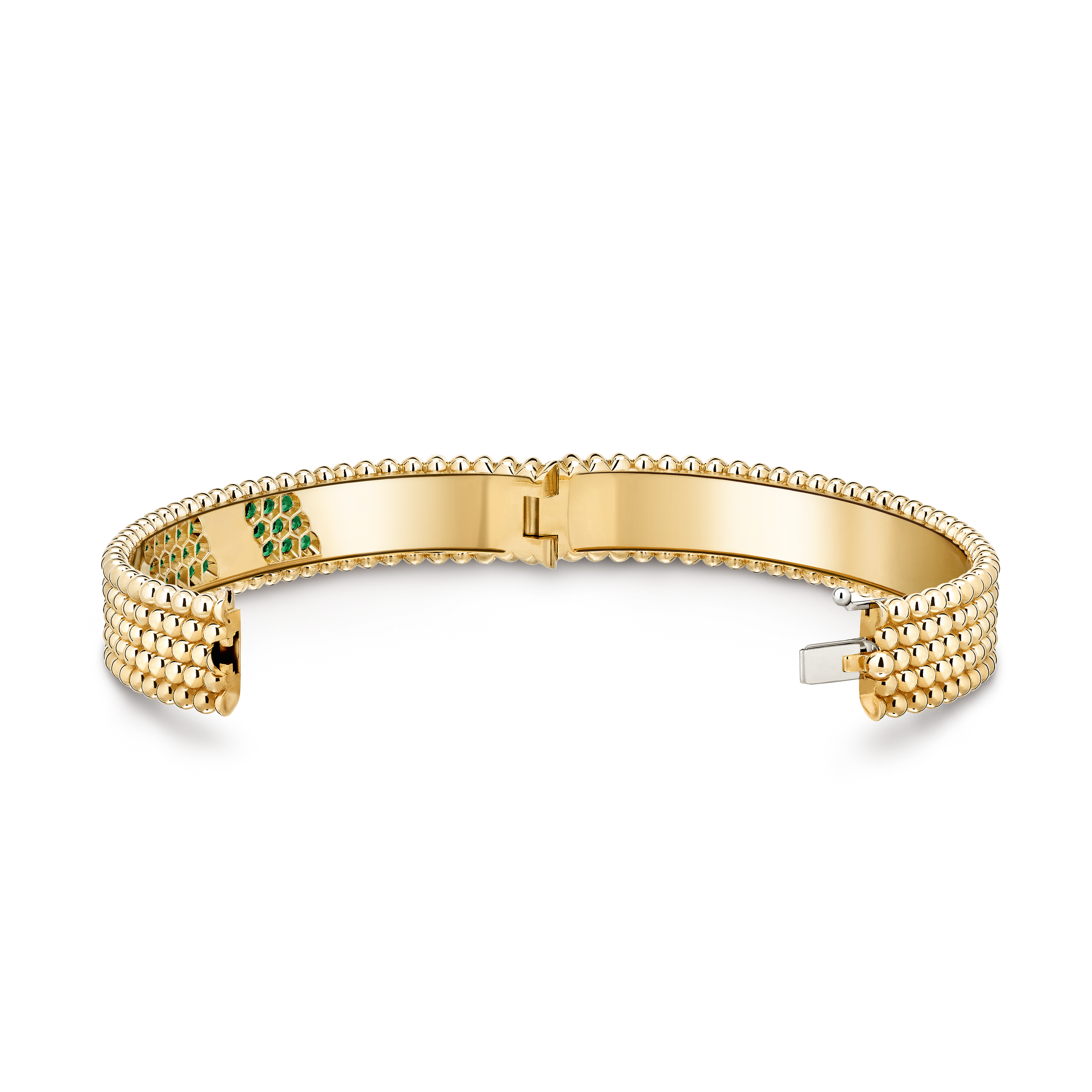 Perlée couleurs bracelet, 5 rows, extra large model, 18K yellow gold, Emerald:  50 stones,  2 carats, Open, Jewelry Bracelet - Van Cleef & Arpels