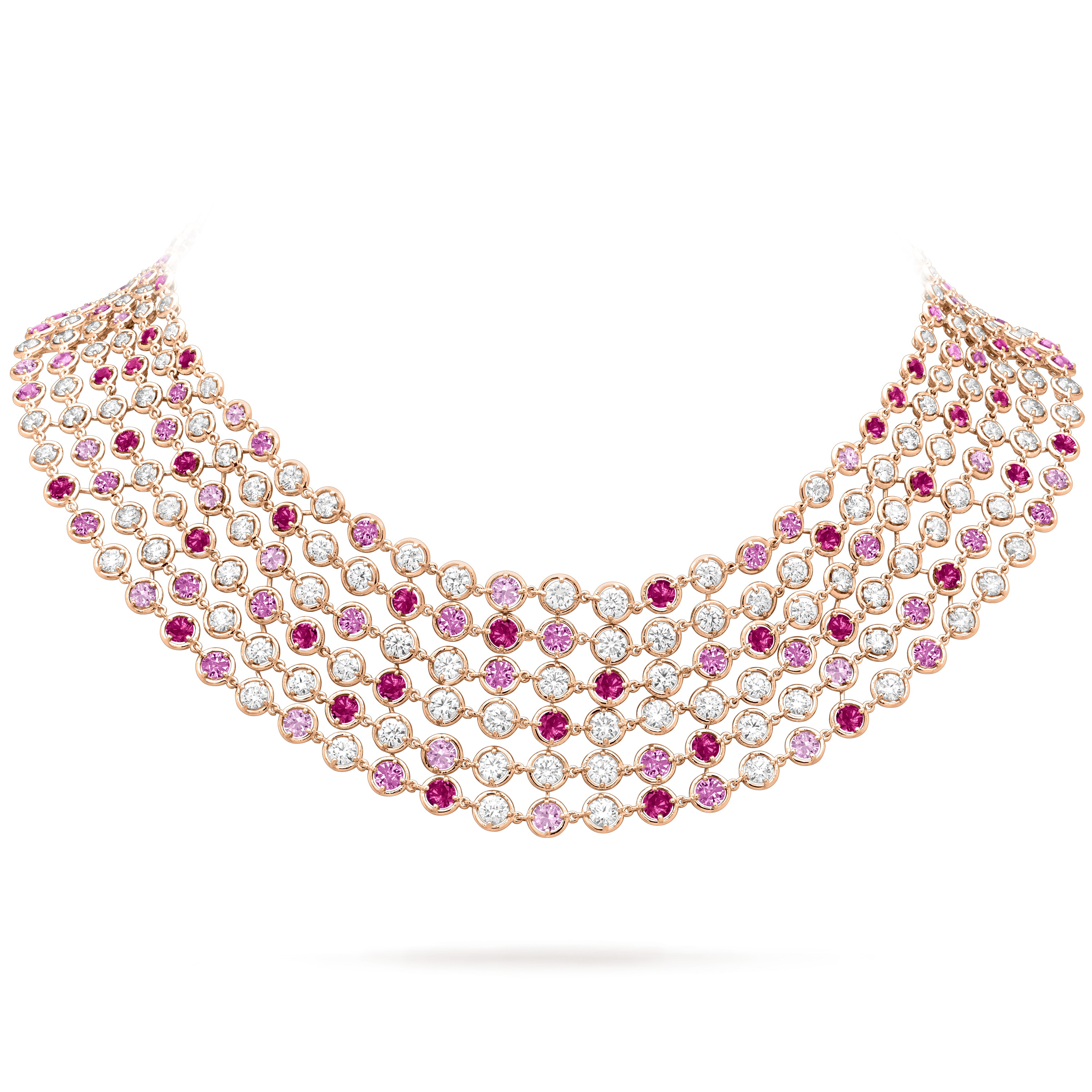 Collier Palmyre, Or rose 750/1000, Diamant:  207 pierres,  21 carats, Saphir:  177 pierres,  22.13 carats, On Stand, High Jewelry Necklace - Van Cleef & Arpels