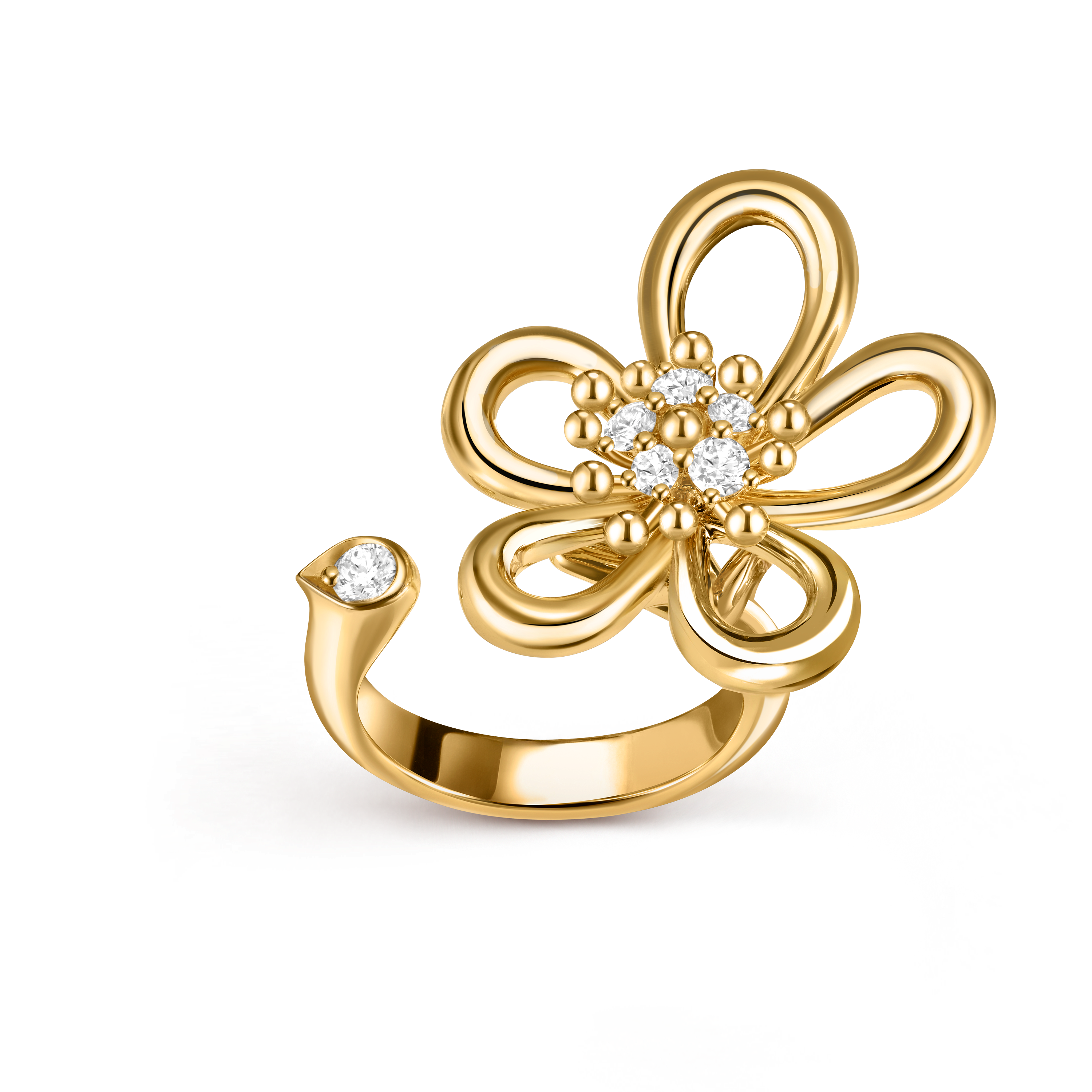 Flowerlace Between the Finger ring, 18K yellow gold, Diamond:  6 stones,  0.35 carat, Front, Jewelry Ring - Van Cleef & Arpels