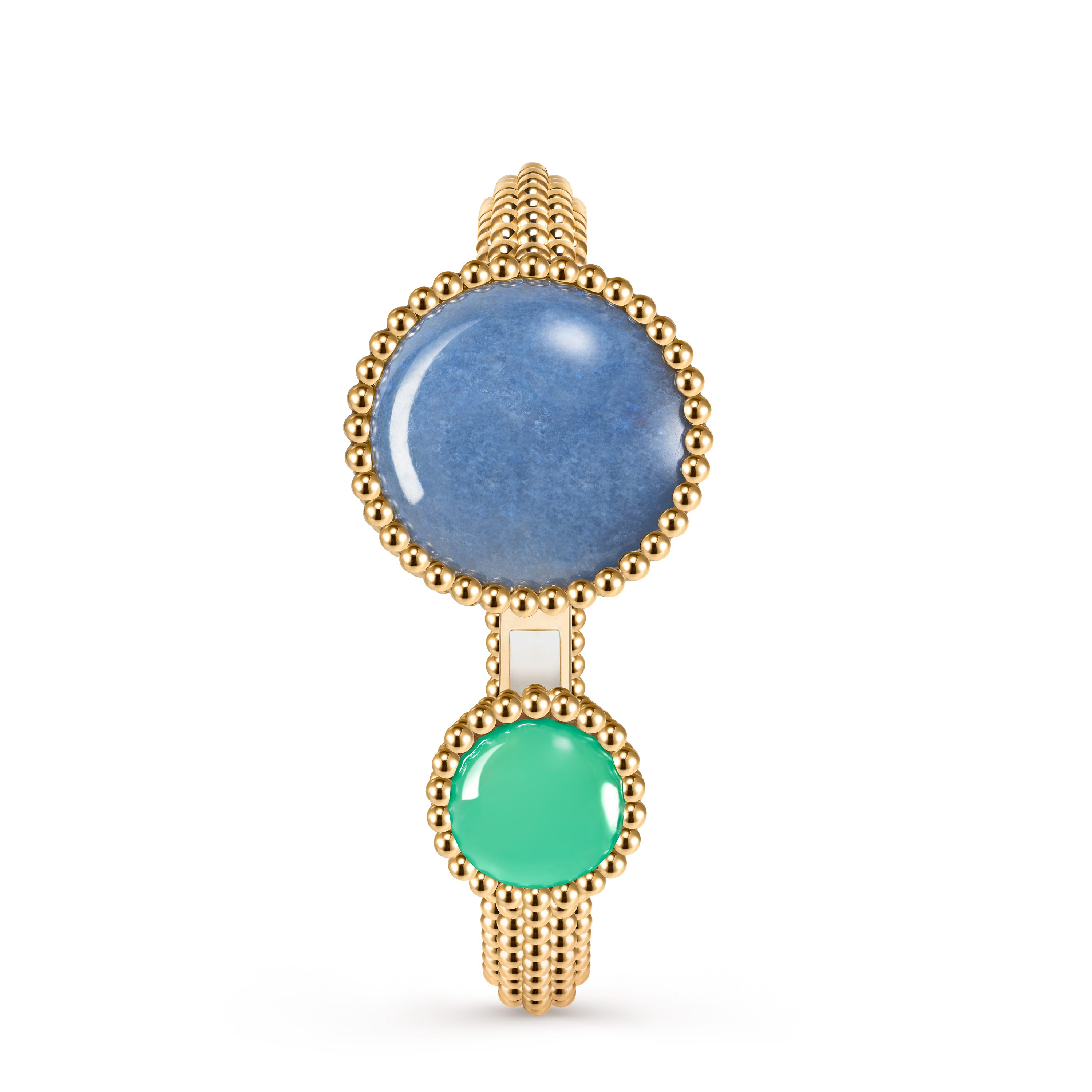 Perlée Toi & Moi secret watch, small model, 18K yellow gold, Chrysoprase:  1 stone, Diamond:  25 stones,  0.77 carat, Mother-of-pearl:  1 stone, Quartz:  1 stone, Front Alternative, Watch - Van Cleef & Arpels