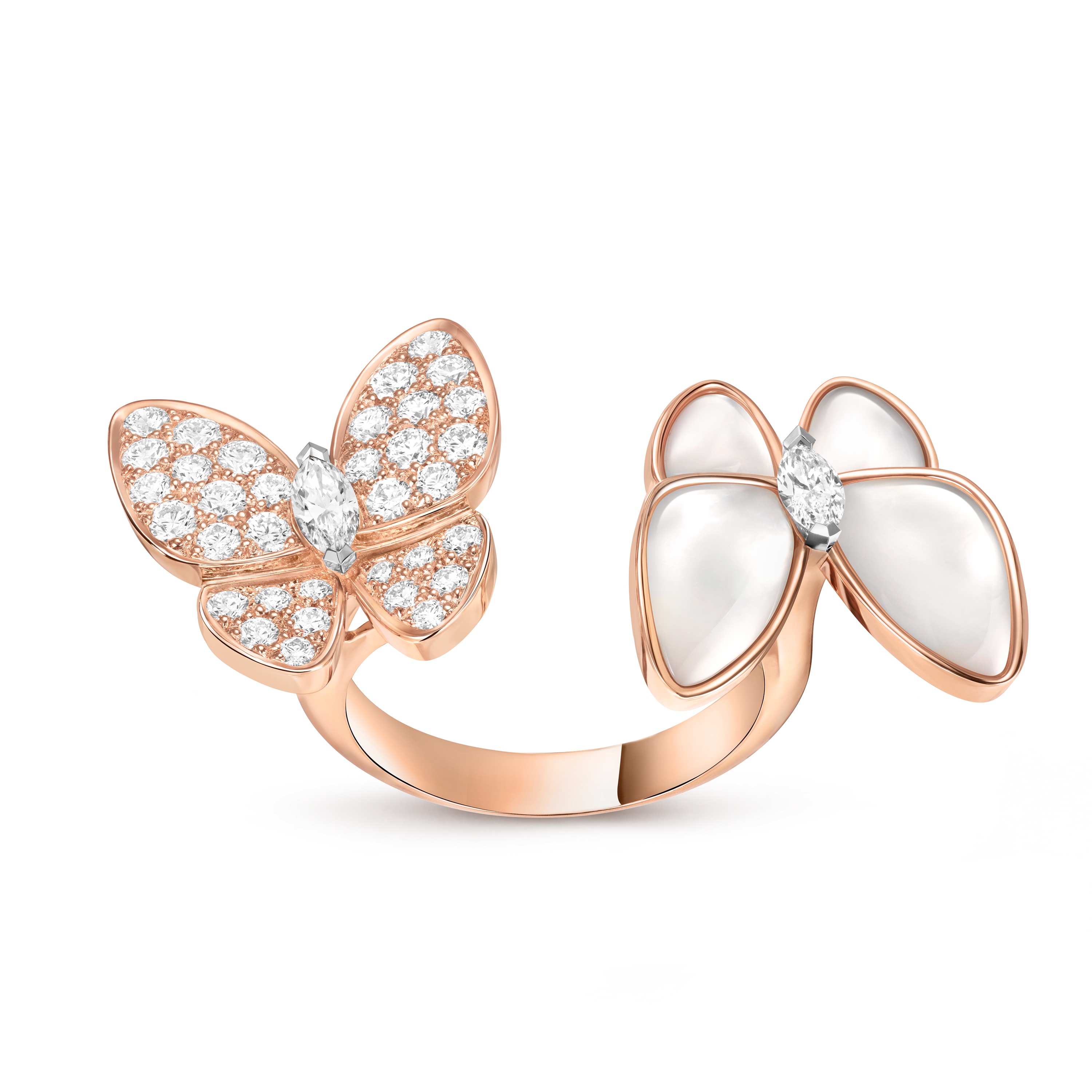 Two Butterfly Between the Finger ring, 18K rose gold, 18K white gold, Diamond:  36 stones,  0.99 carat, Mother-of-pearl:  4 stones, Front, Jewelry Ring - Van Cleef & Arpels