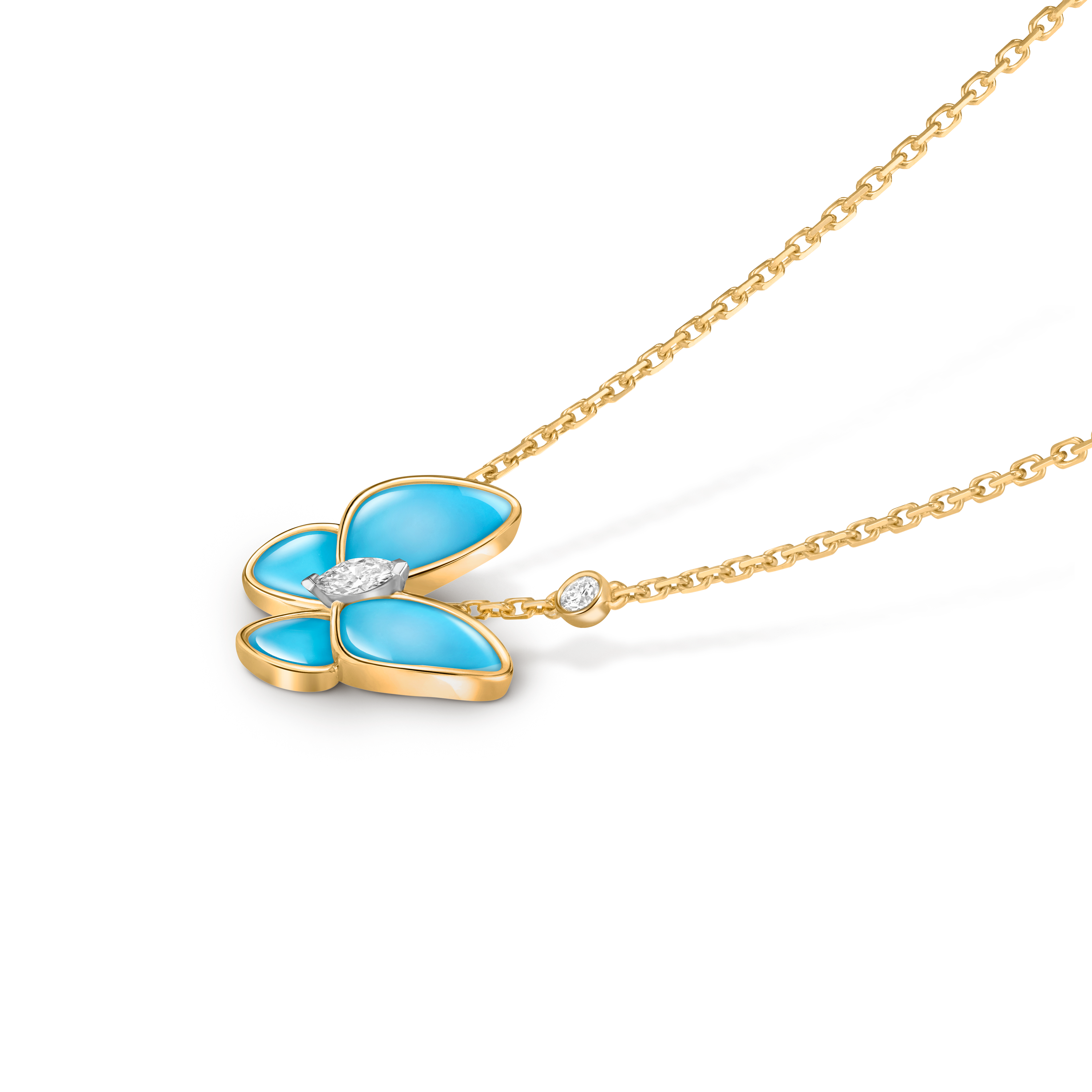 Two Butterfly pendant, 18K yellow gold, 18K white gold, Diamond:  2 stones,  0.2 carat, Turquoise:  4 stones, Three Fourth, Jewelry Pendent - Van Cleef & Arpels