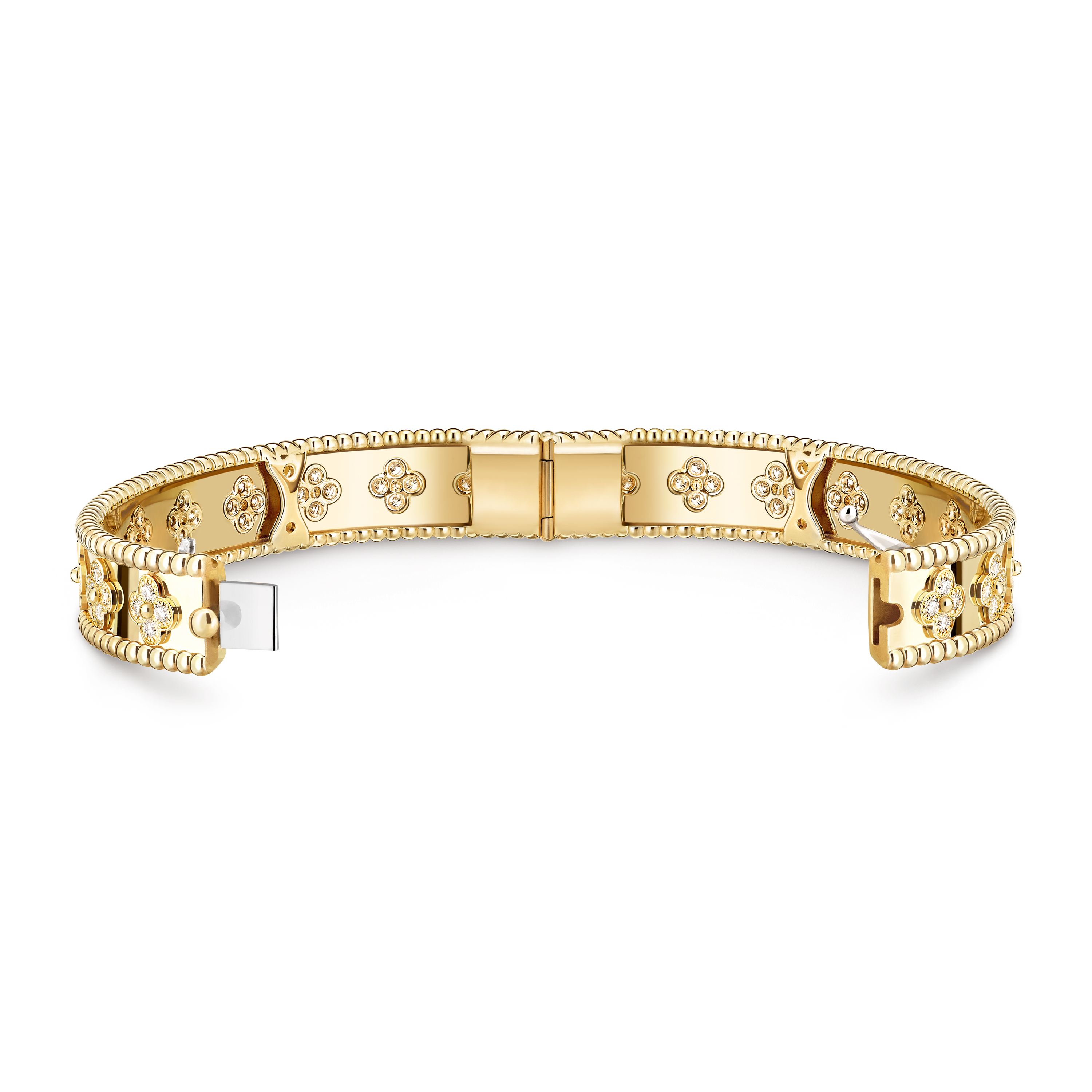 Perlée clovers bracelet, small model, 18K yellow gold, Diamond:  72 stones,  1.6 carats, Open, Jewelry Bracelet - Van Cleef & Arpels