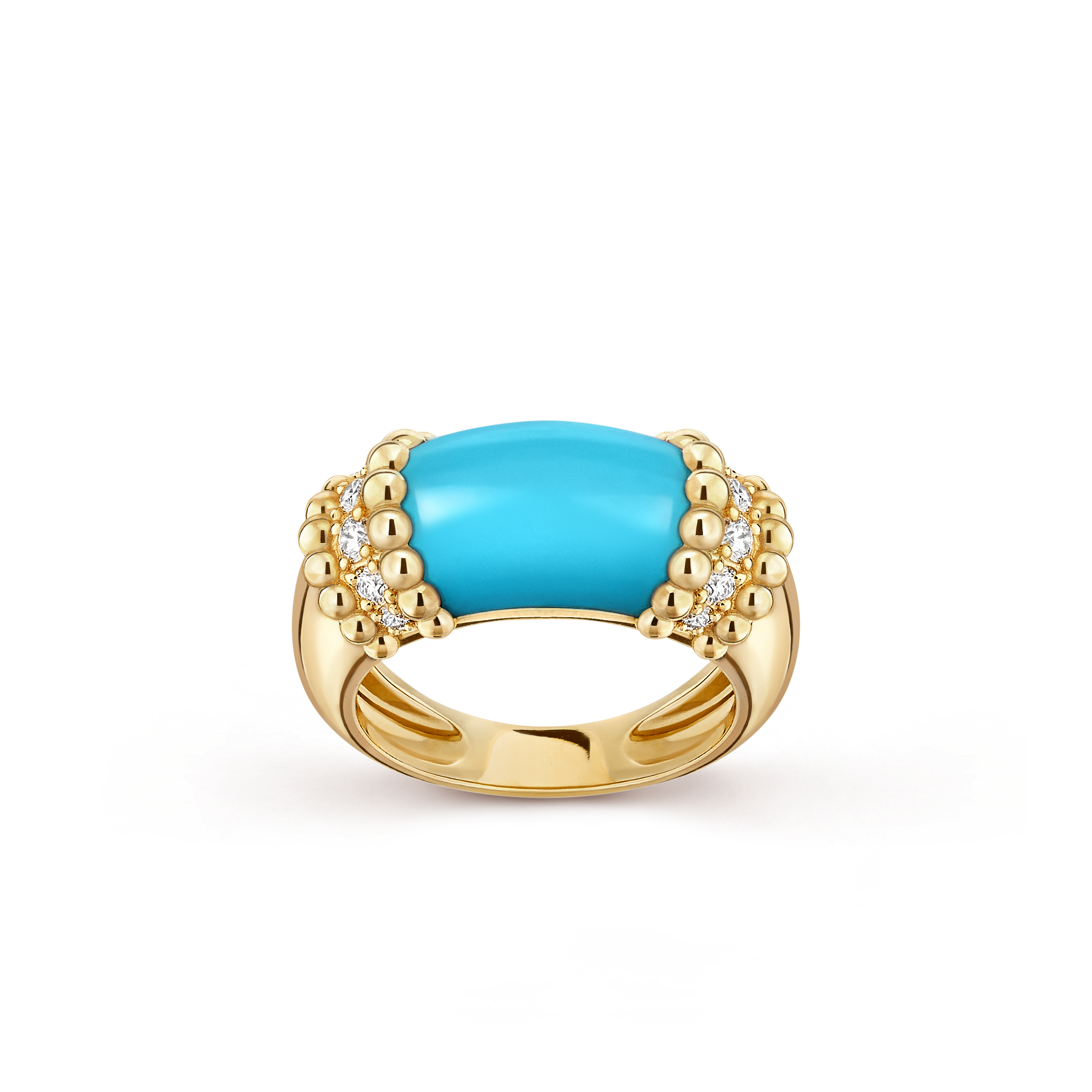 Perlée couleurs ring, 18K yellow gold, Diamond:  12 stones,  0.29 carat, Turquoise:  1 stone, Front, Jewelry Ring - Van Cleef & Arpels