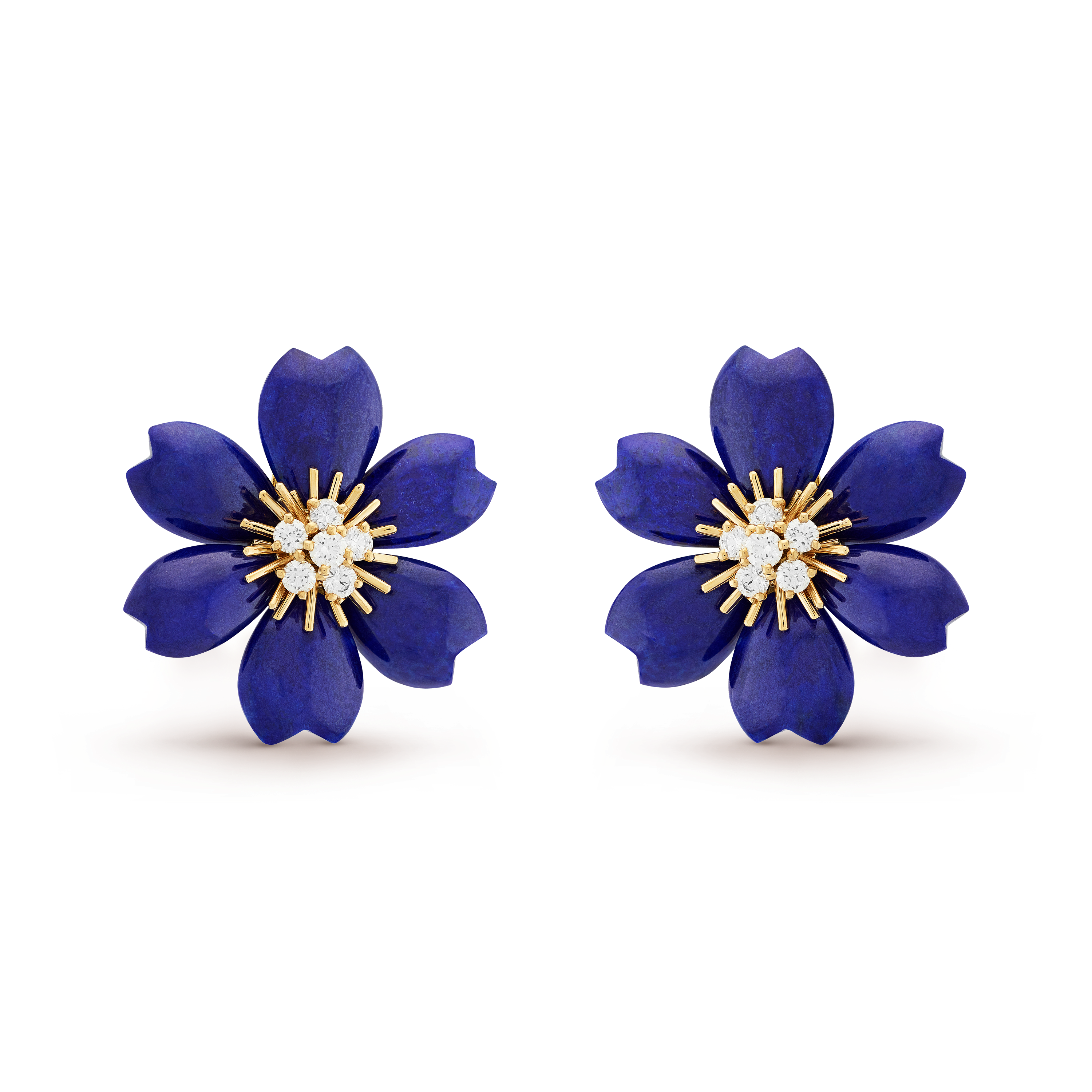 Rose de Noël earrings, small model, 18K yellow gold, Diamond:  12 stones,  0.97 carat, Lapis Lazuli:  12 stones, Front, Jewelry Earrings - Van Cleef & Arpels