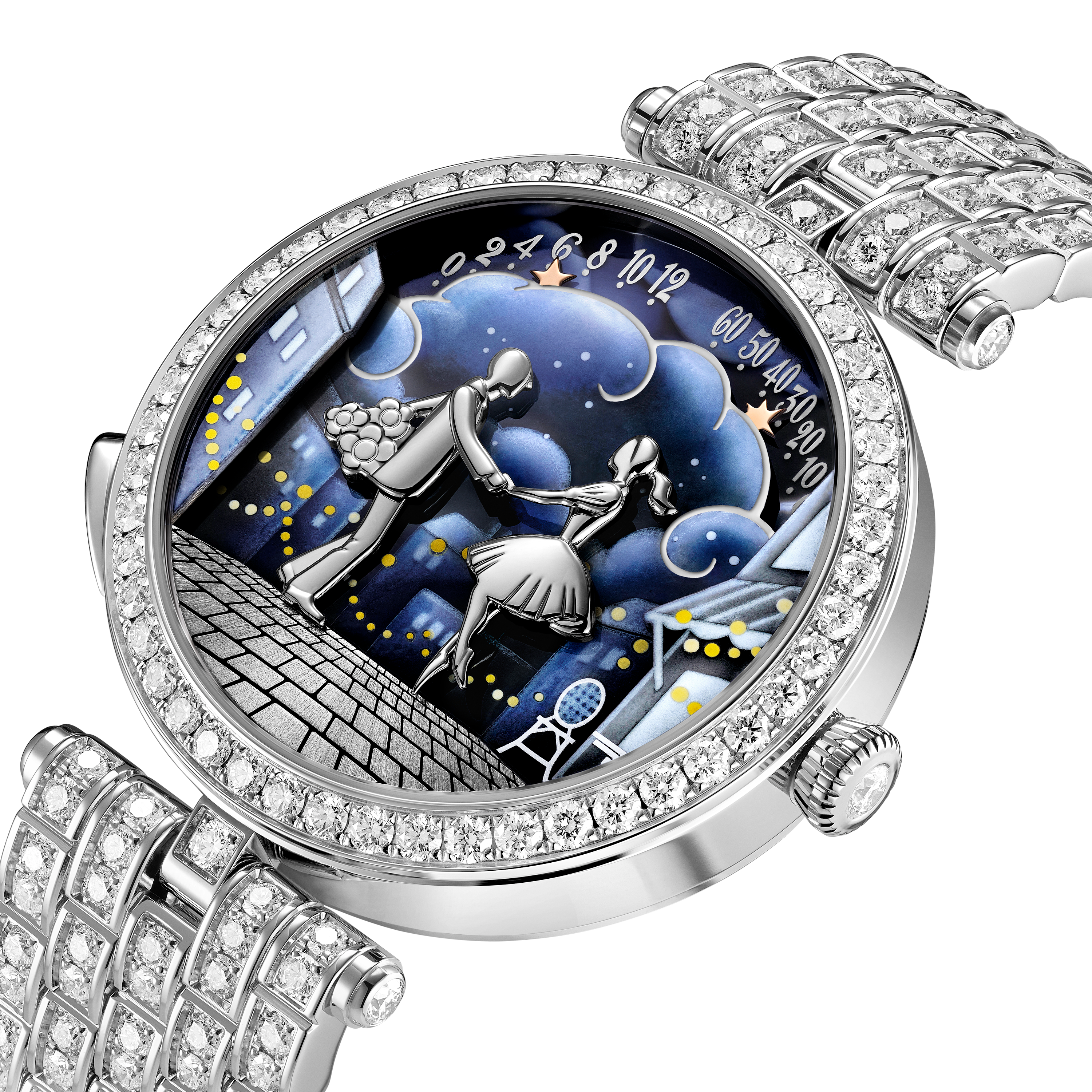 Montre Lady Arpels Bal des Amoureux Automate, Or blanc 750/1000, Diamant:  388 pierres,  12.41 carats, Detail, Watch - Van Cleef & Arpels