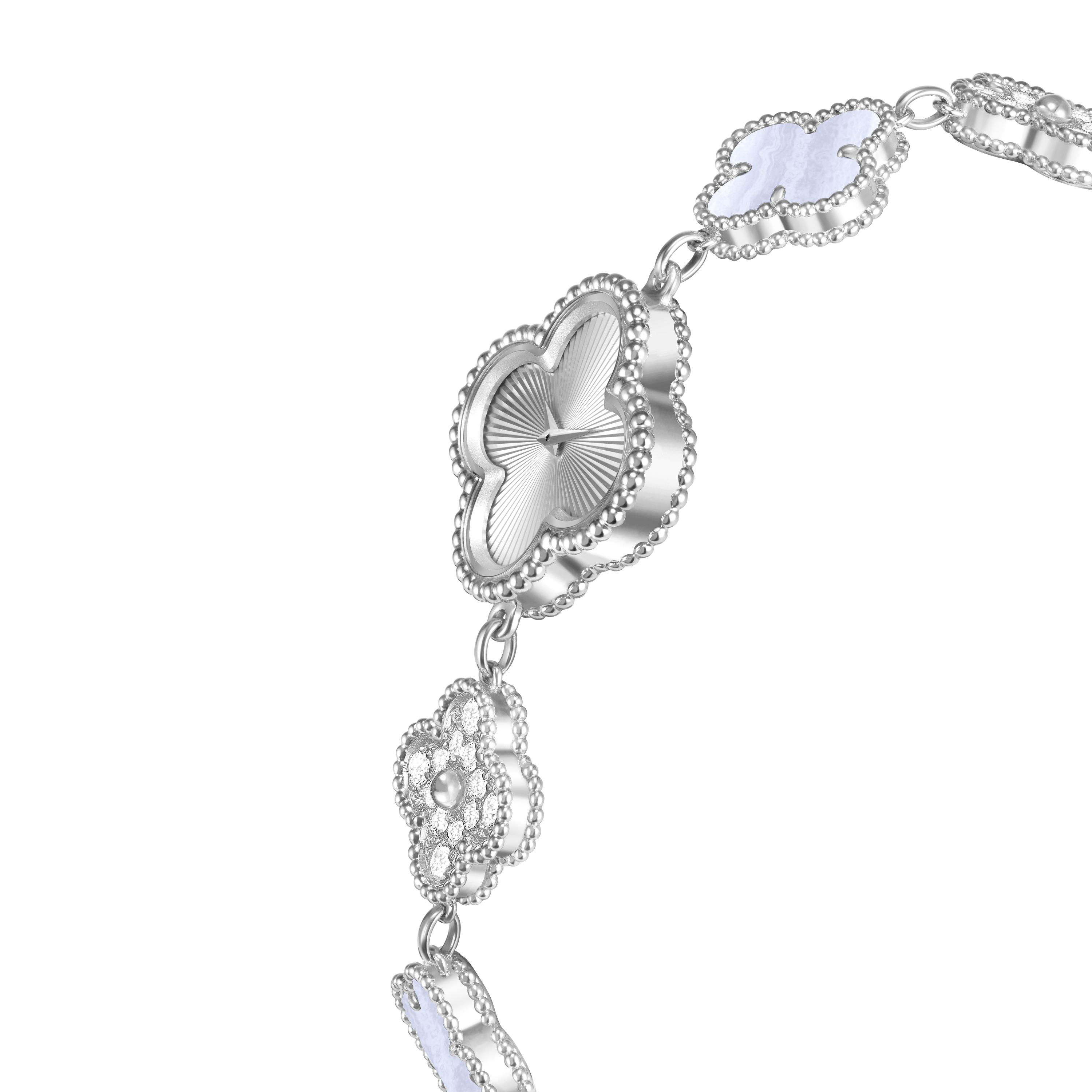 Sweet Alhambra Watch, 18K white gold, Chalcedony:  3 stones, Diamond:  36 stones,  1.42 carats, Detail, Watch - Van Cleef & Arpels