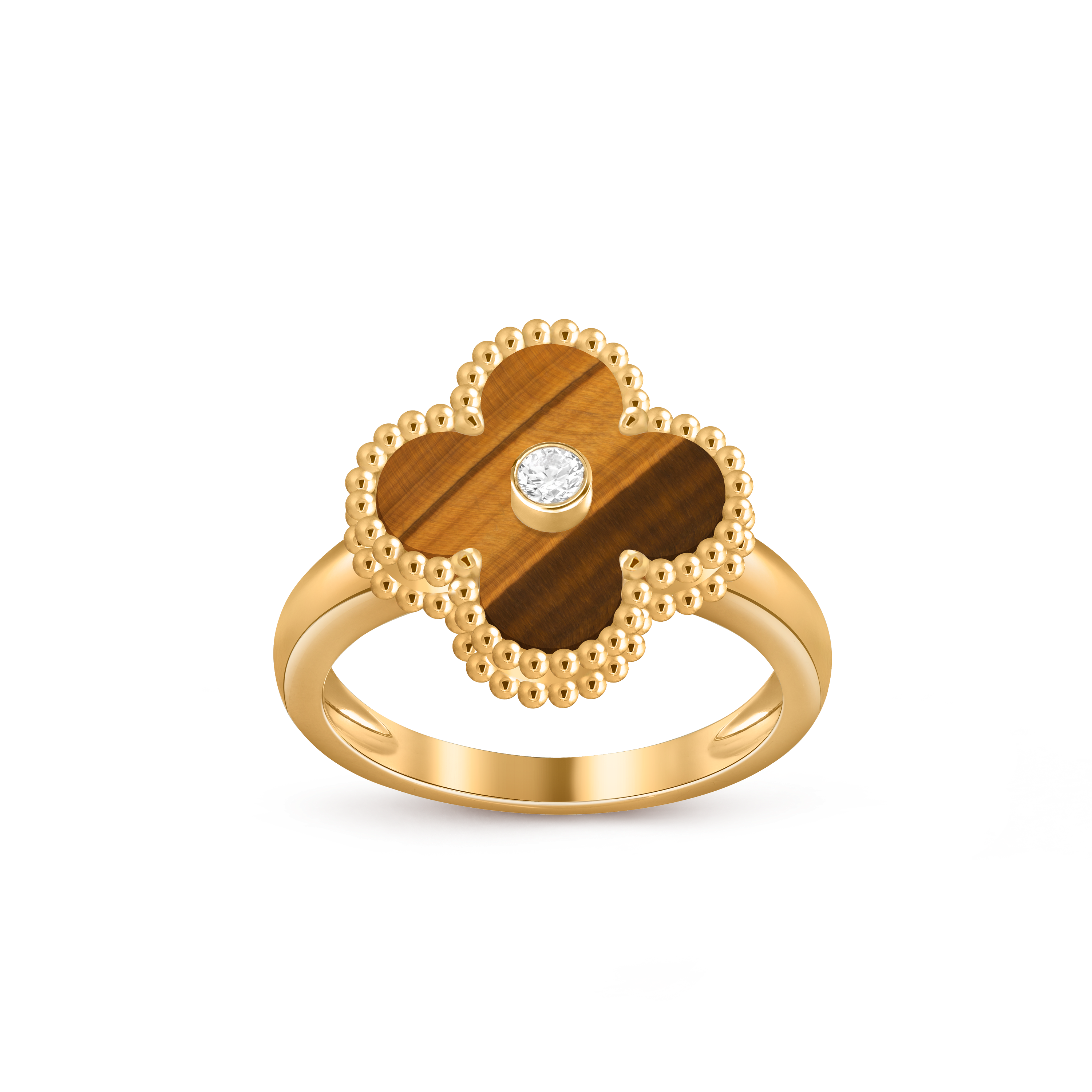 Vintage Alhambra戒指, 18K黄金, 虎眼石:  1 宝石, 钻石:  1 宝石,  0.05 克拉, Front, Jewelry Ring_梵克雅宝_Van Cleef & Arpels