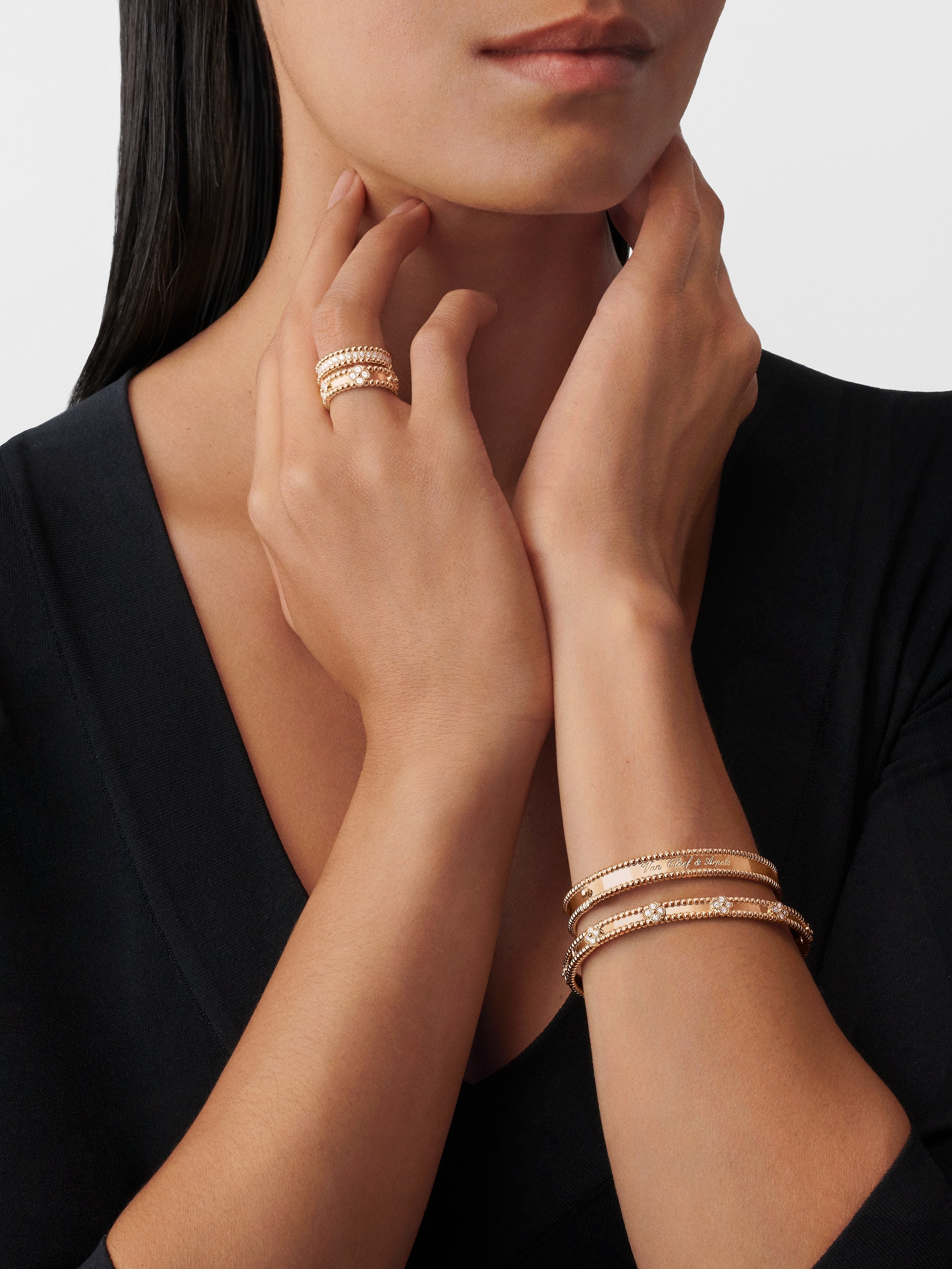 Perlée signature bracelet, extra large model, 18K rose gold, Worn Detail, Jewelry Bracelet - Van Cleef & Arpels