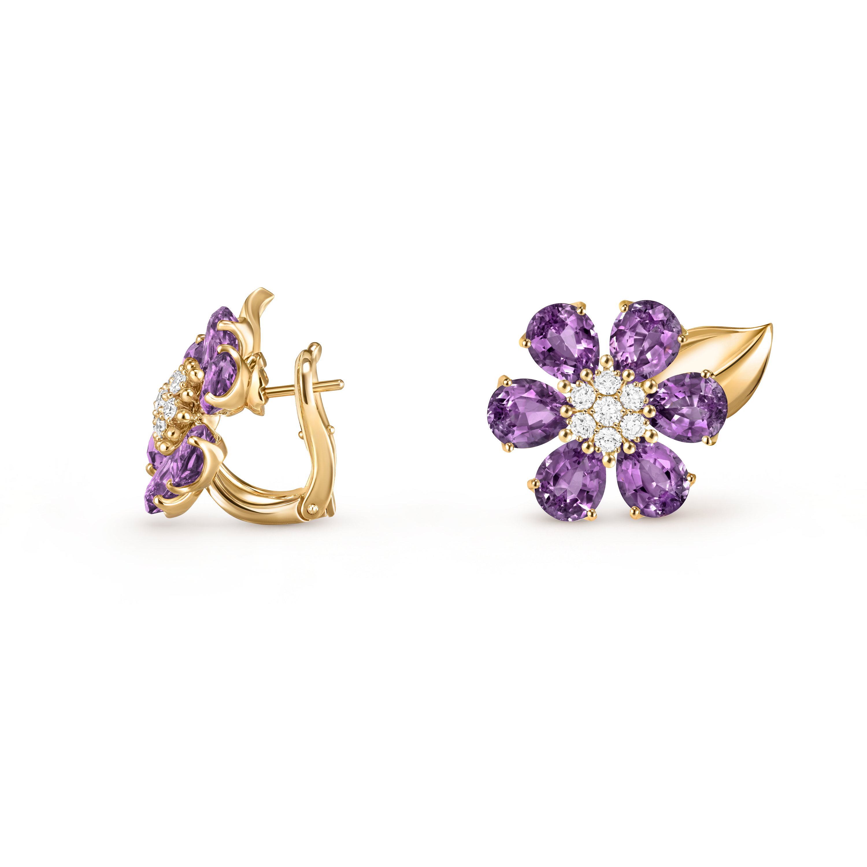 Fleurs d’Hawaï earrings, 18K yellow gold, Amethyst:  12 stones,  7.2 carats, Diamond:  14 stones,  0.39 carat, Profile, Jewelry Earrings - Van Cleef & Arpels