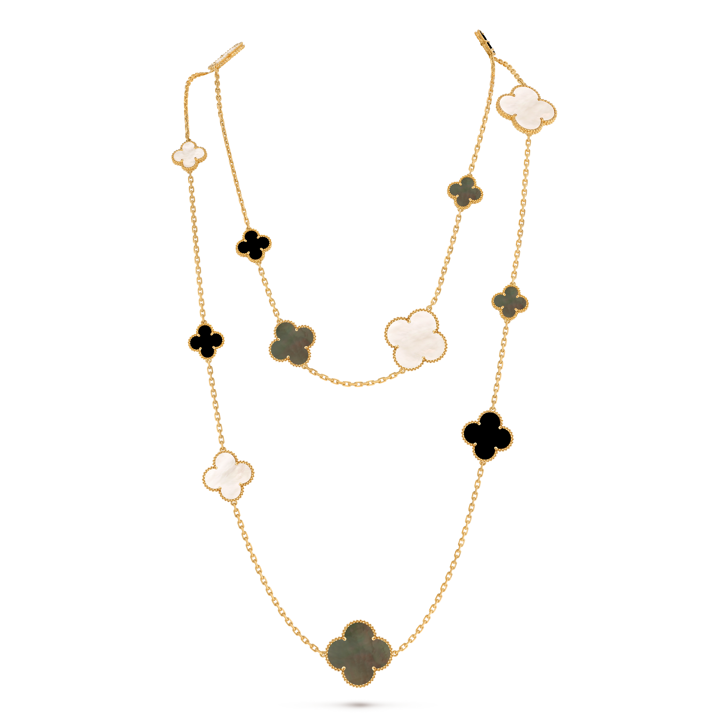Magic Alhambra long necklace, 16 motifs 18K yellow gold