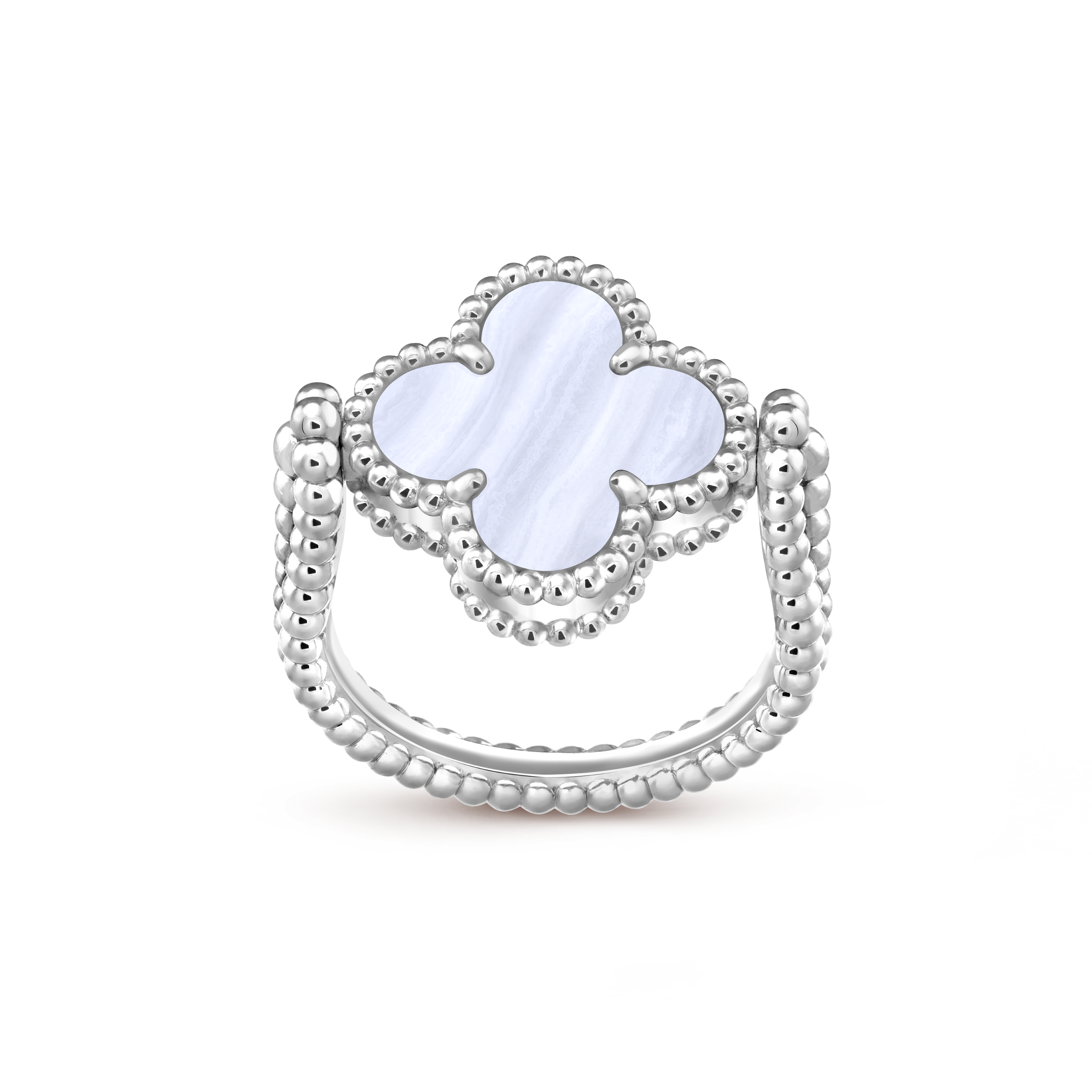 Vintage Alhambra reversible ring, 18K white gold, Chalcedony:  1 stone, Diamond:  1 stone,  0.04 carat, Profile, Jewelry Ring - Van Cleef & Arpels