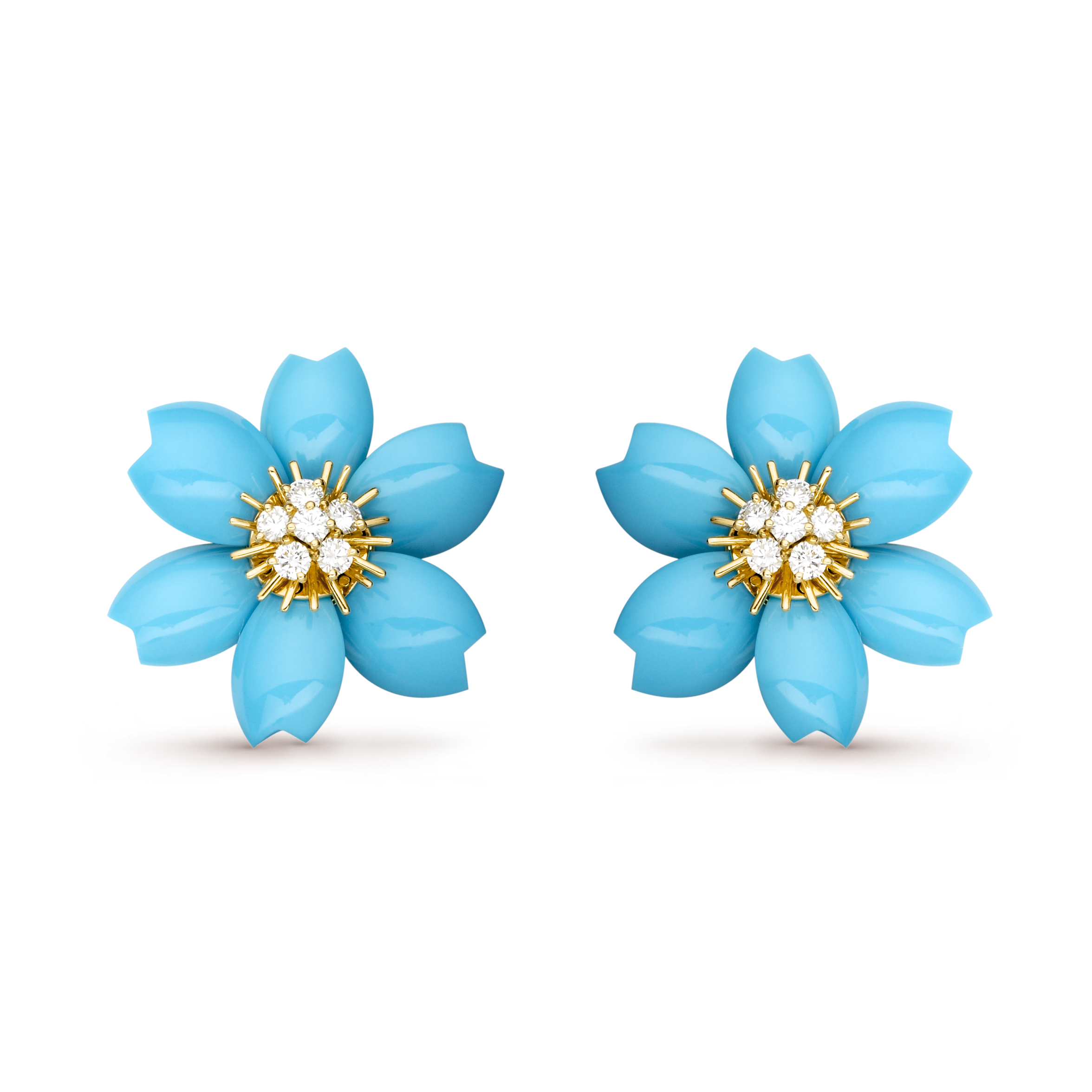 Rose de Noël earrings, small model, 18K yellow gold, Diamond:  12 stones,  0.97 carat, Turquoise:  12 stones, Front, Jewelry Earrings - Van Cleef & Arpels