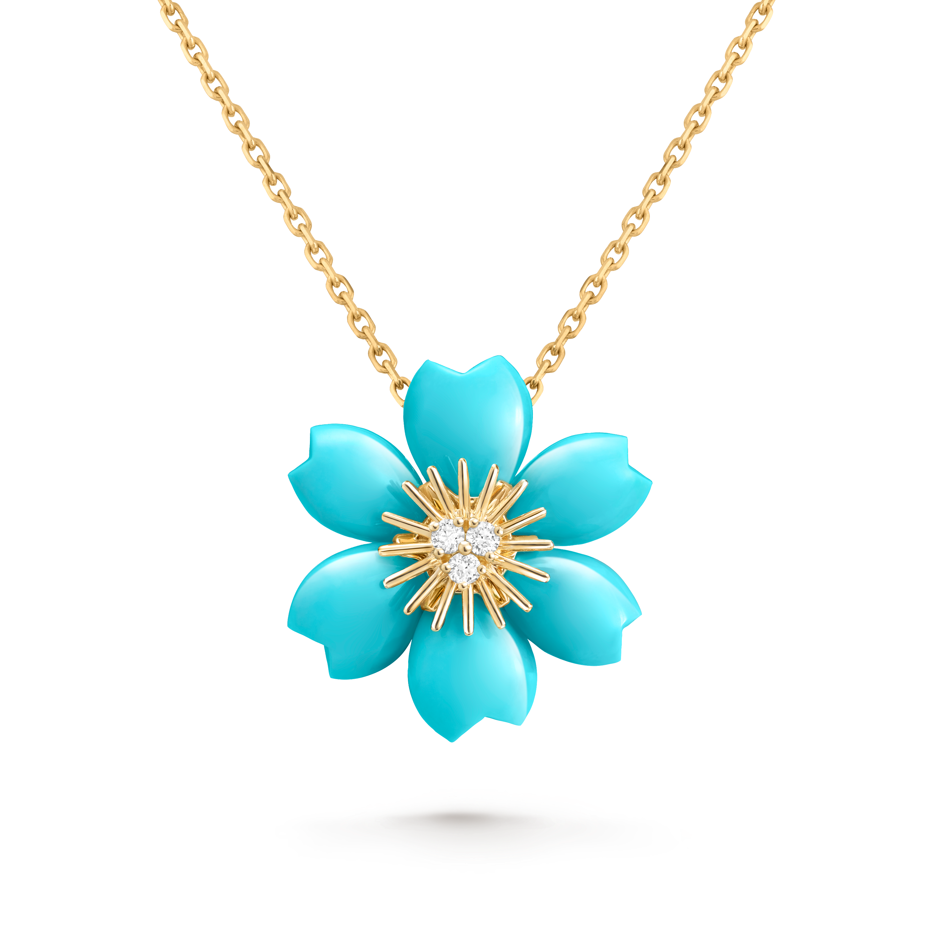 Rose de Noël pendant, mini model, 18K yellow gold, Diamond:  3 stones,  0.1 carat, Turquoise:  6 stones, Detail, Jewelry Pendent - Van Cleef & Arpels