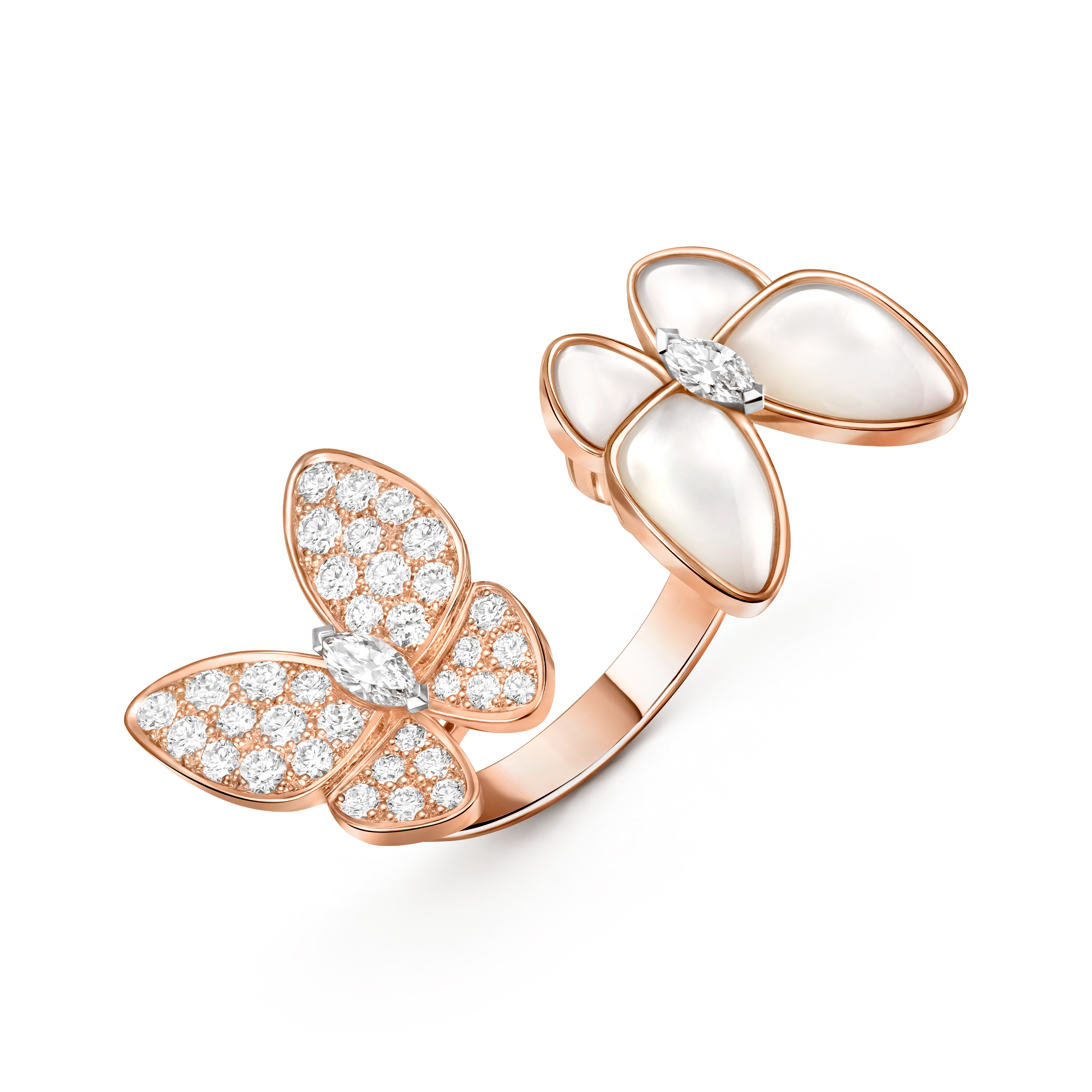 Two Butterfly Between the Finger ring, 18K rose gold, 18K white gold, Diamond:  36 stones,  0.99 carat, Mother-of-pearl:  4 stones, Three Fourth, Jewelry Ring - Van Cleef & Arpels