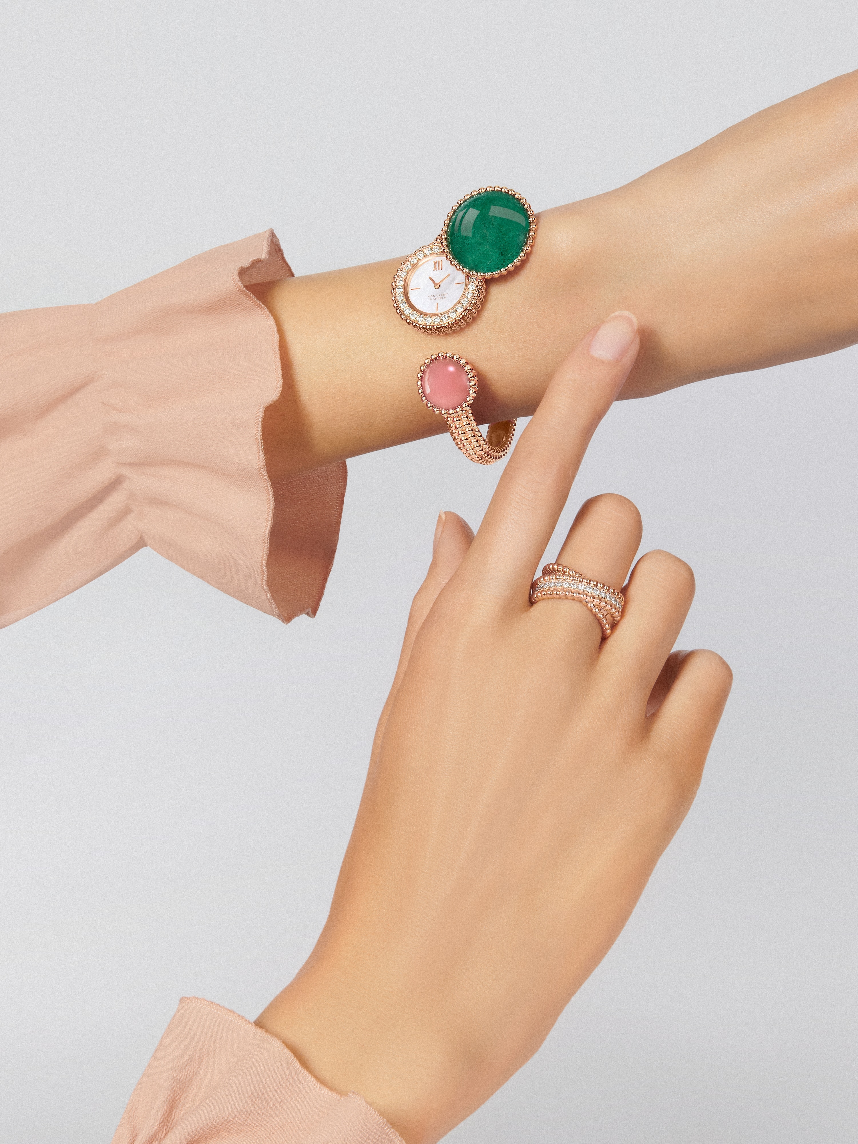 Perlée Toi & Moi secret watch, small model, 18K rose gold, Diamond:  25 stones,  0.77 carat, Jasper:  1 stone, Mother-of-pearl:  1 stone, Quartz:  1 stone, Worn Detail, Watch - Van Cleef & Arpels