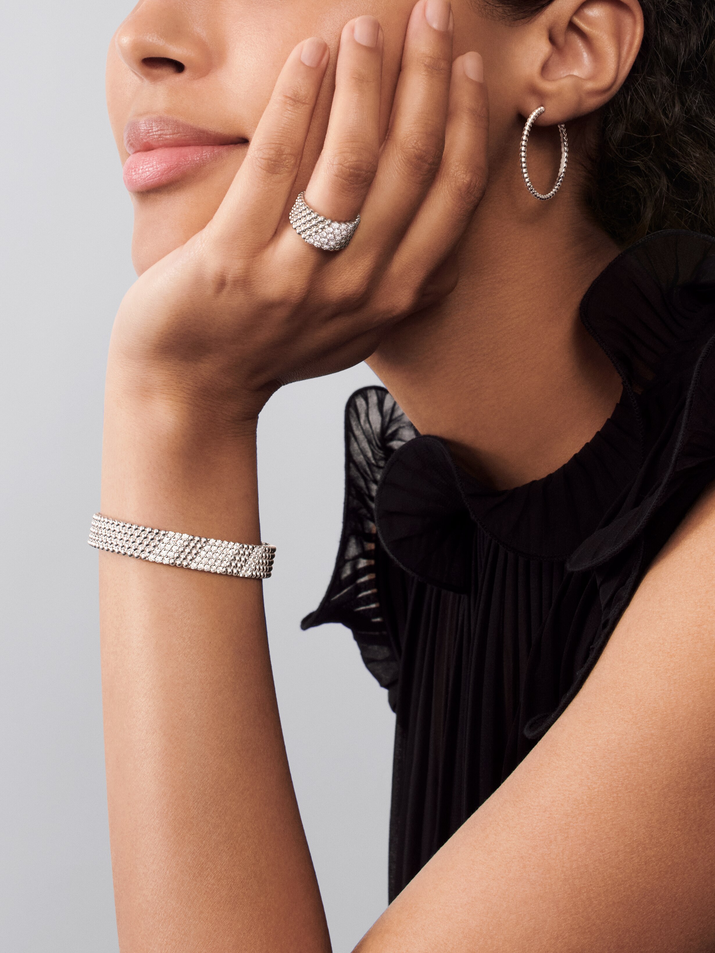 Perlée diamonds bracelet, 5 rows, extra large model, 18K white gold, Diamond:  50 stones,  2.01 carats, Worn Alternative, Jewelry Bracelet - Van Cleef & Arpels