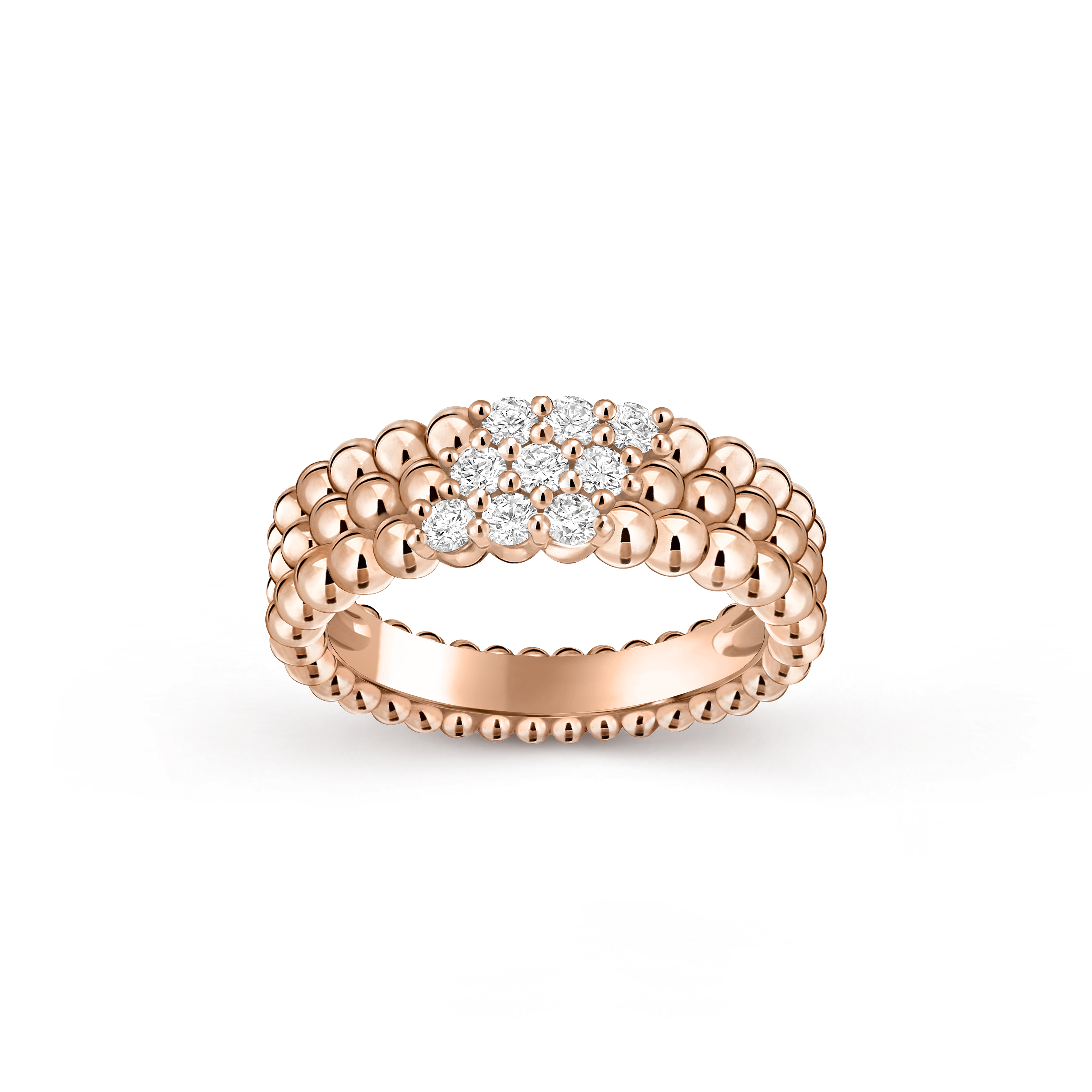 Perlée diamonds ring, 3 rows, 18K rose gold, Diamond:  9 stones,  0.31 carat, Front, Jewelry Ring - Van Cleef & Arpels