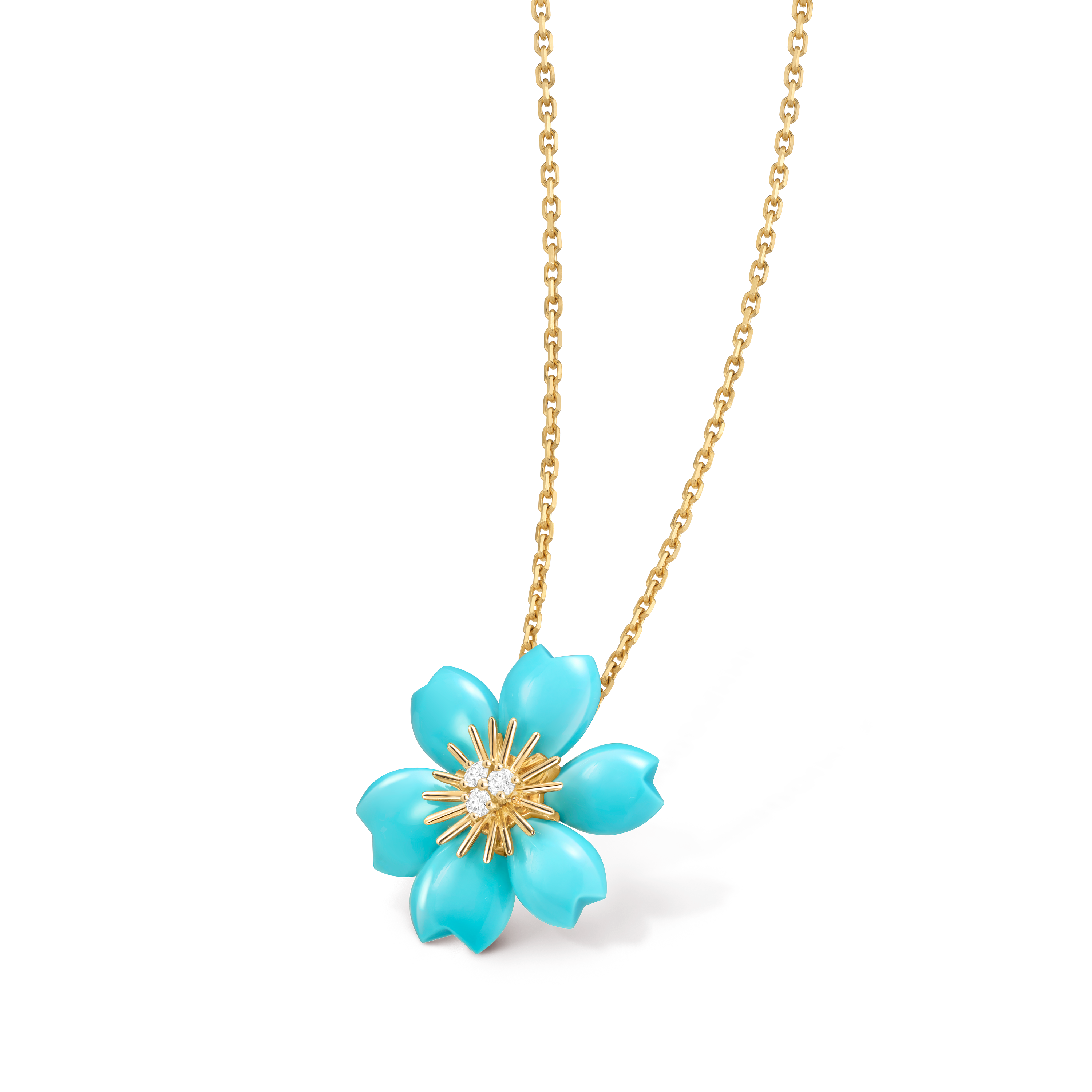 Rose de Noël pendant, mini model, 18K yellow gold, Diamond:  3 stones,  0.1 carat, Turquoise:  6 stones, Three Fourth, Jewelry Pendent - Van Cleef & Arpels