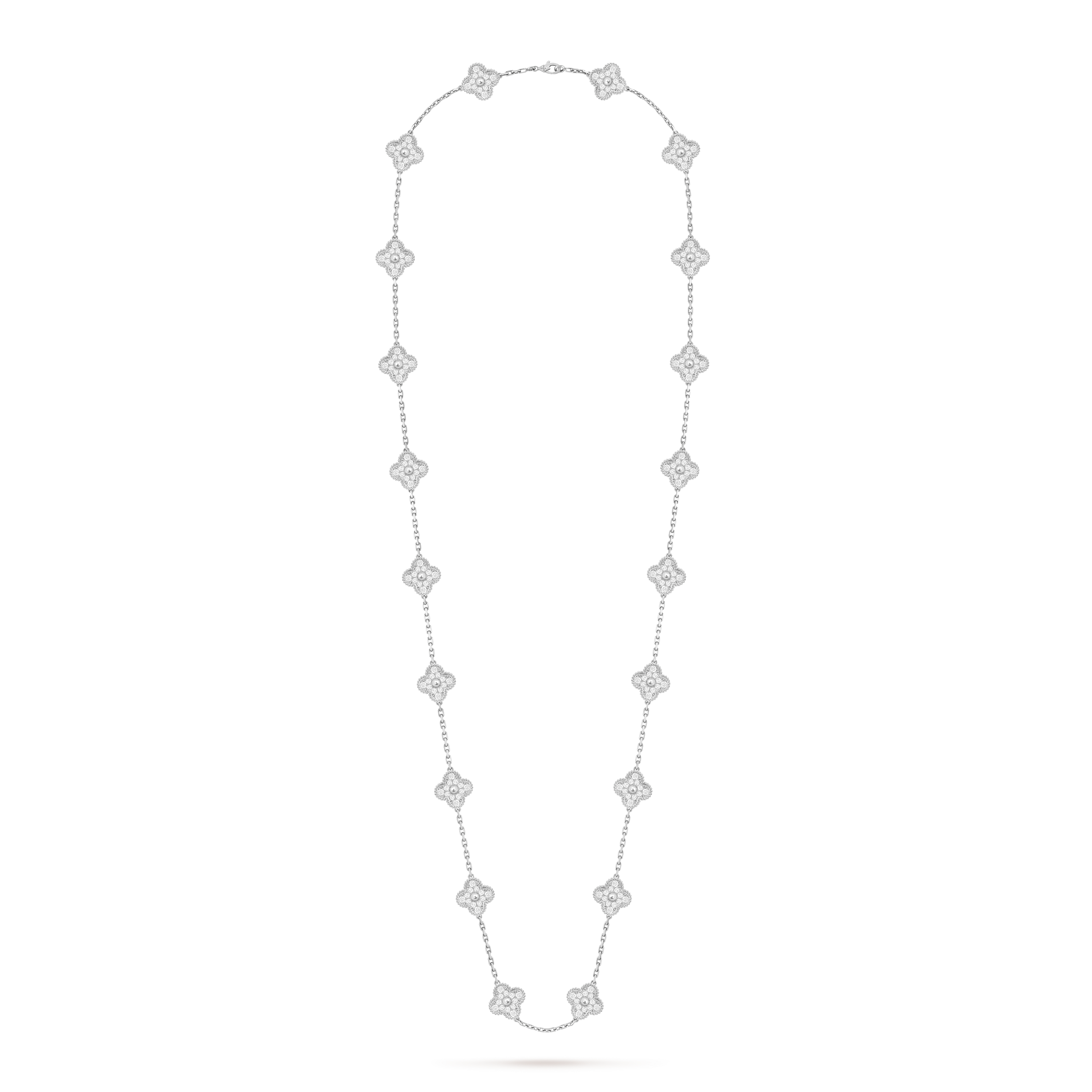 Vintage Alhambra long necklace, 20 motifs, 18K white gold, Diamond:  240 stones,  9.66 carats, Front, Jewelry Long Necklace - Van Cleef & Arpels