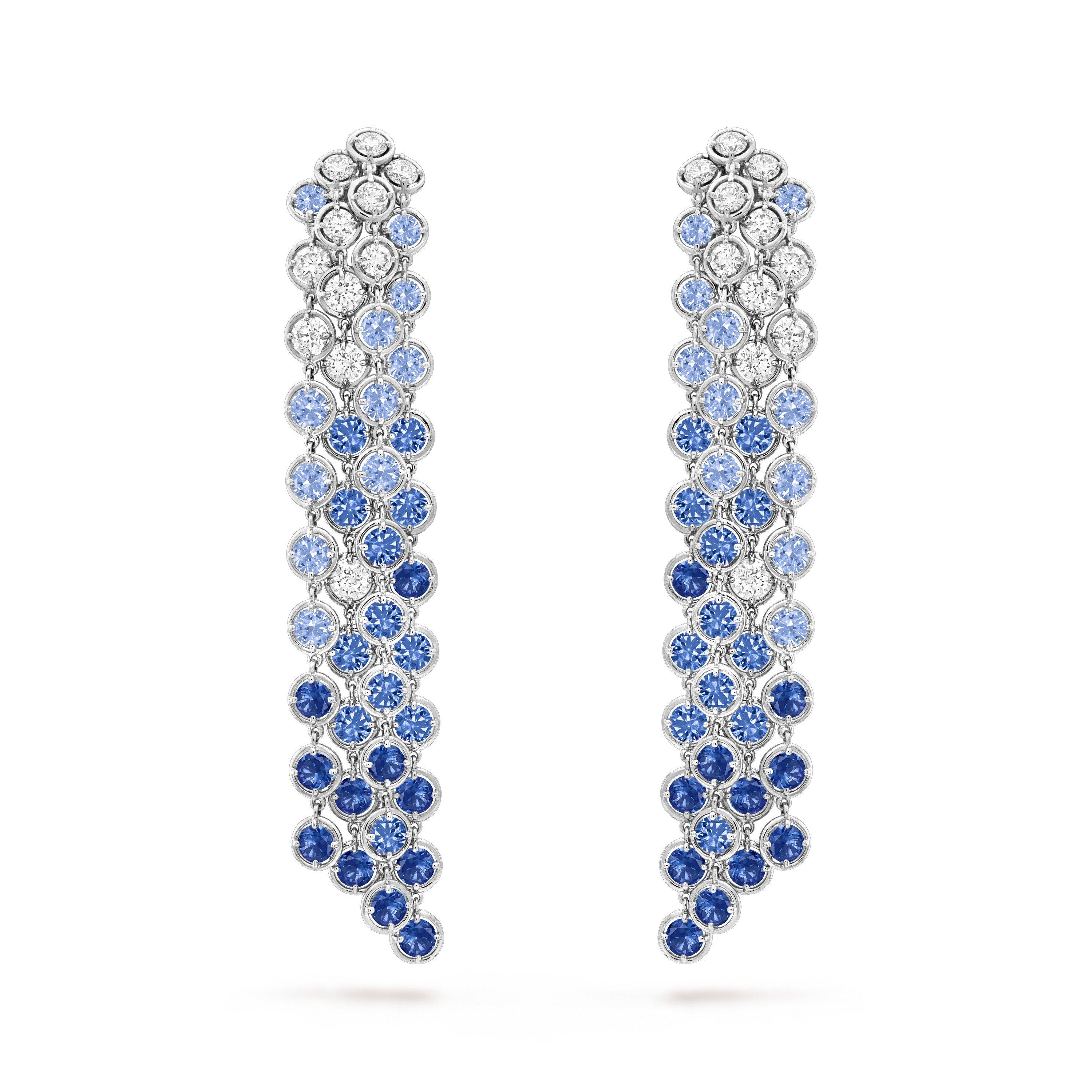 Palmyre earrings, 18K white gold, Diamond:  22 stones,  3.87 carats, Sapphire:  68 stones,  19.24 carats, Front, High Jewelry Earrings - Van Cleef & Arpels