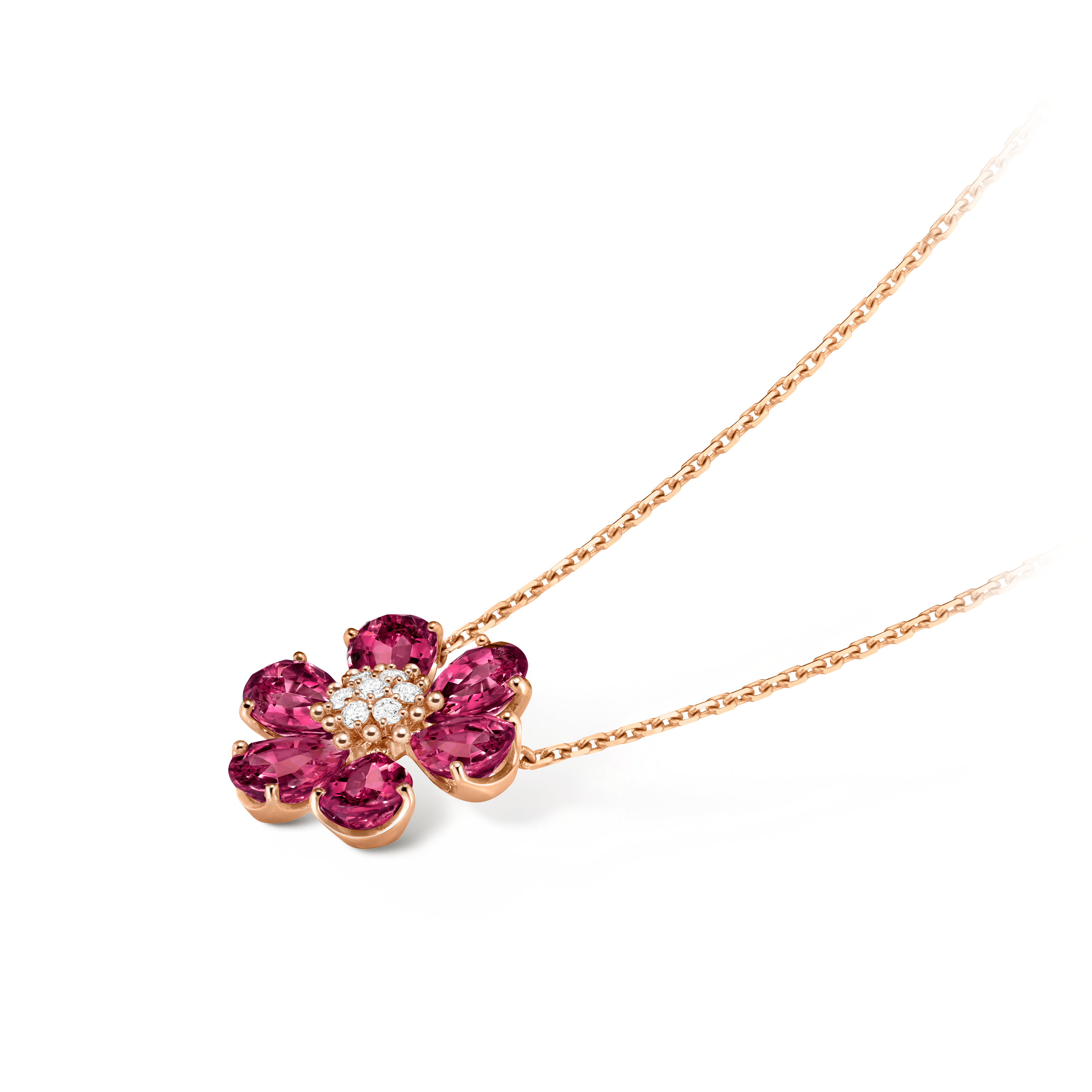 Pendentif Fleurs d’Hawaï, Or rose 750/1000, Diamant:  7 pierres,  0.19 carat, Rhodolite:  6 pierres,  8.76 carats, Three Fourth, Jewelry Pendent - Van Cleef & Arpels