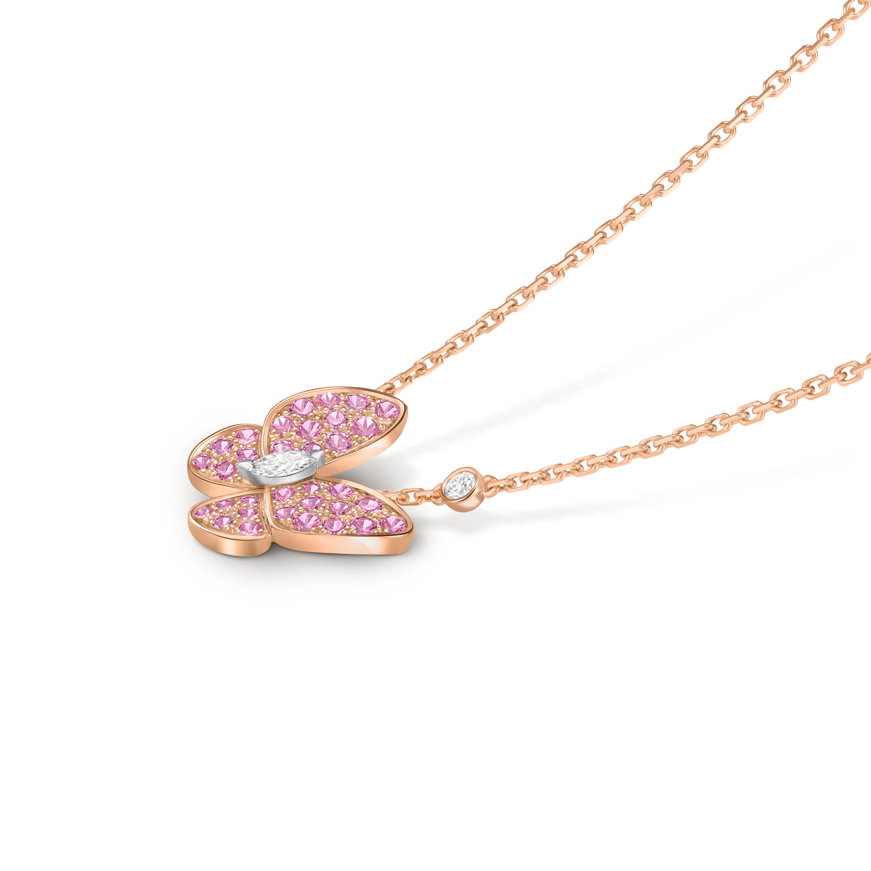 Colgante Two Butterfly, Oro rosado 750/1000, Oro blanco 750/1000, Diamante:  2 piedras,  0.2 quilate, Zafiro:  34 piedras,  0.88 quilate, Tres cuartos, Jewelry Pendent - Van Cleef & Arpels