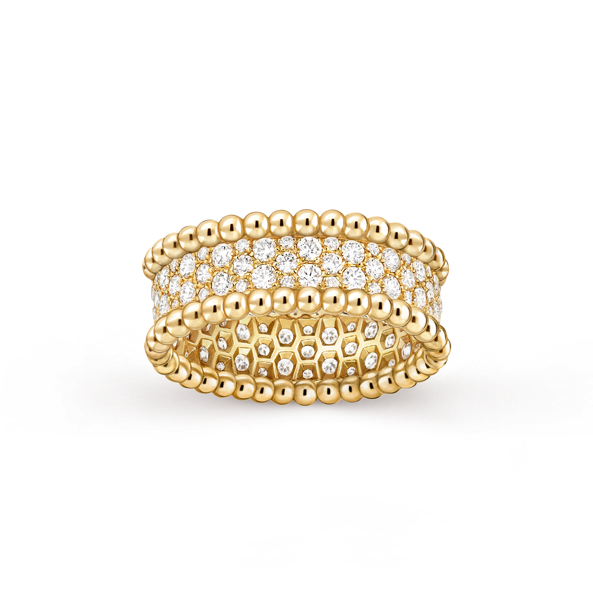 Perlée diamonds ring, 3 rows, 18K yellow gold, Diamond:  95 stones,  1.11 carats, Front, Jewelry Ring - Van Cleef & Arpels