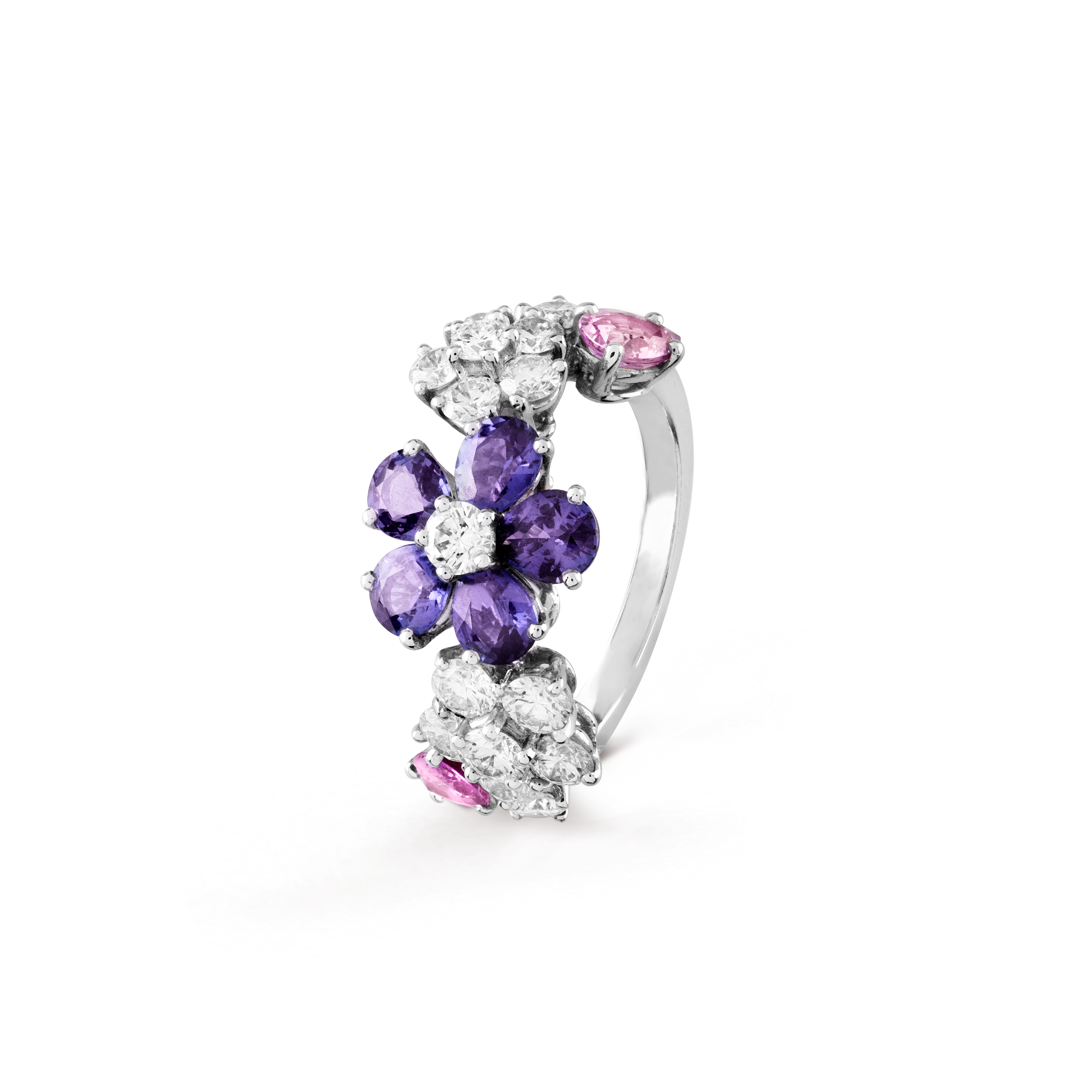 Folie des Prés ring, 18K white gold, Diamond:  15 stones,  1.3 carats, Sapphire:  7 stones,  2.71 carats, Three Fourth, High Jewelry Ring - Van Cleef & Arpels
