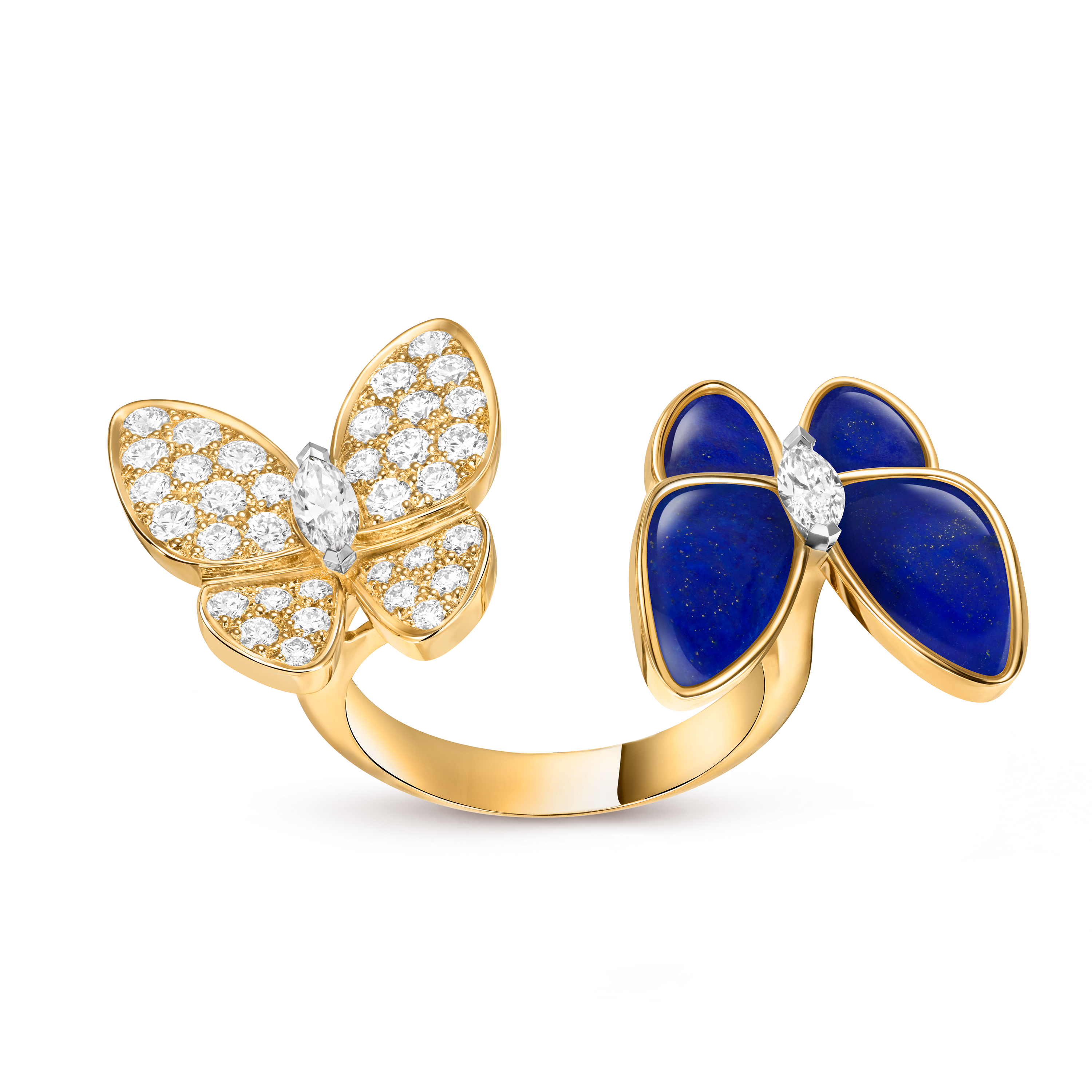 Two Butterfly Between the Finger ring, 18K yellow gold, 18K white gold, Diamond:  36 stones,  0.99 carat, Lapis Lazuli:  4 stones, Front, Jewelry Ring - Van Cleef & Arpels