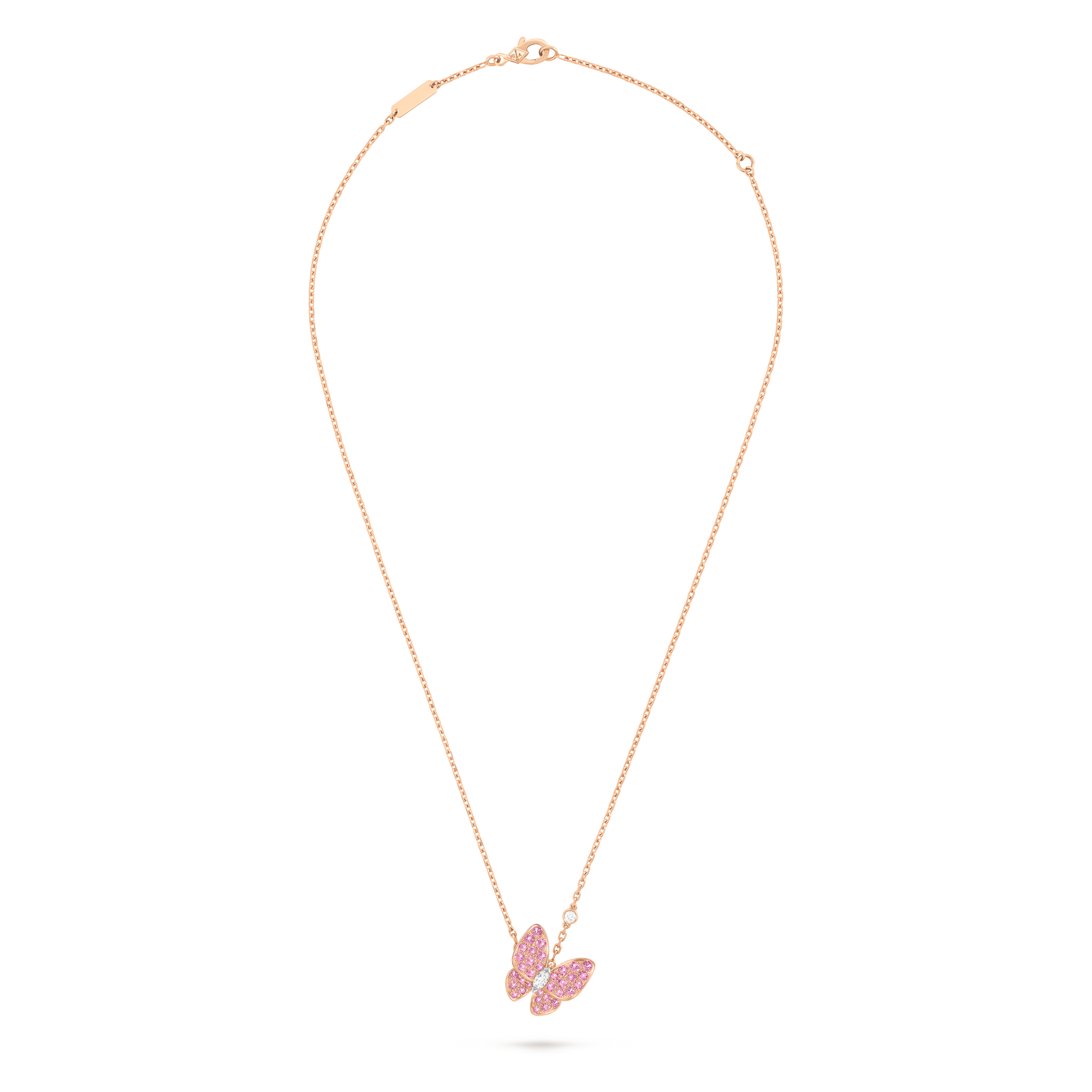 Colgante Two Butterfly, Oro rosado 750/1000, Oro blanco 750/1000, Diamante:  2 piedras,  0.2 quilate, Zafiro:  34 piedras,  0.88 quilate, Parte delantera, Jewelry Pendent - Van Cleef & Arpels