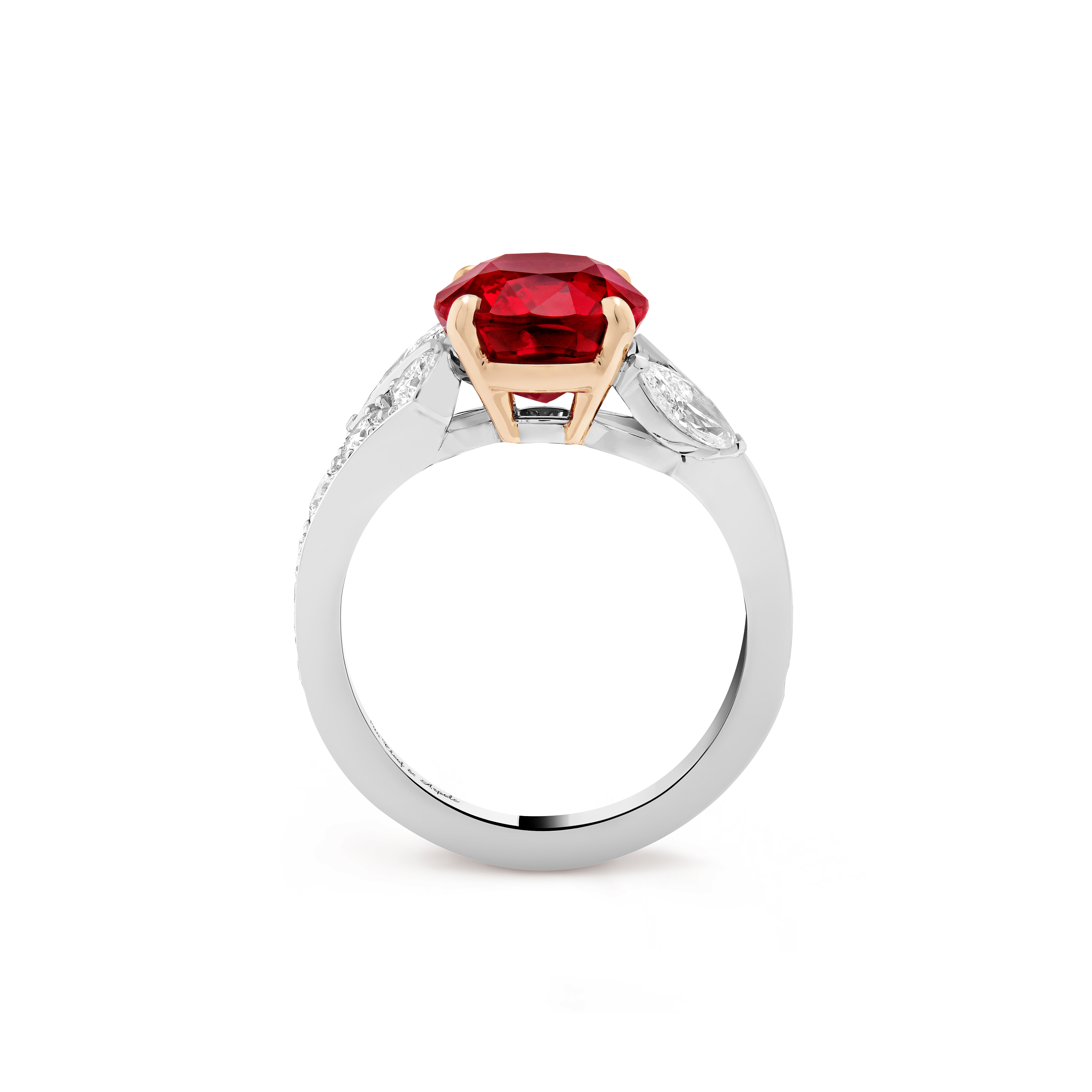 Jasmin solitaire Ruby 5.19 cts, Platinum, Diamond:  15 stones,  1.2 carats, Ruby:  1 stone,  5.19 carats, Profile, High Jewelry Ring - Van Cleef & Arpels