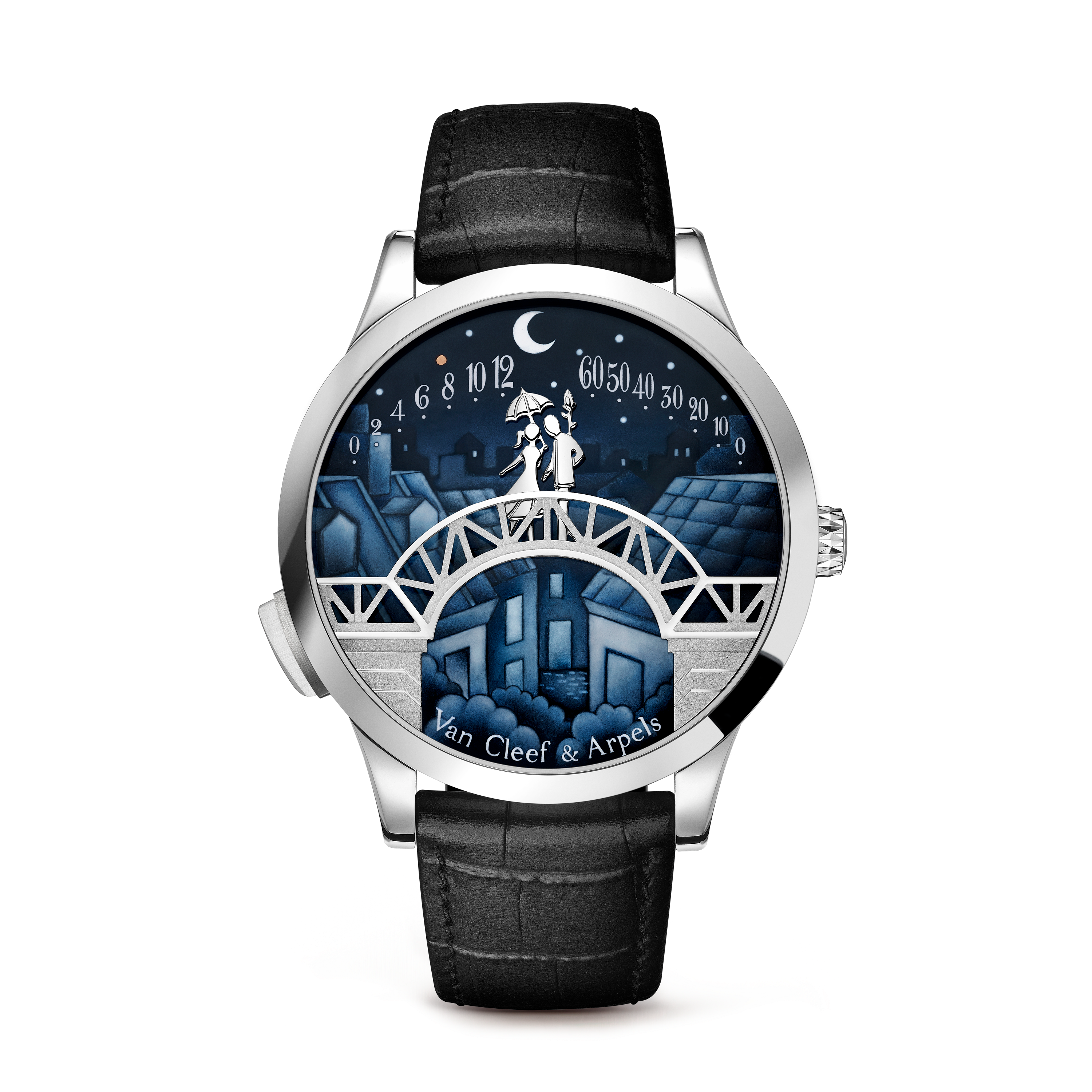 Midnight Pont des Amoureux watch, 18K white gold, Front Alternative, Watch - Van Cleef & Arpels