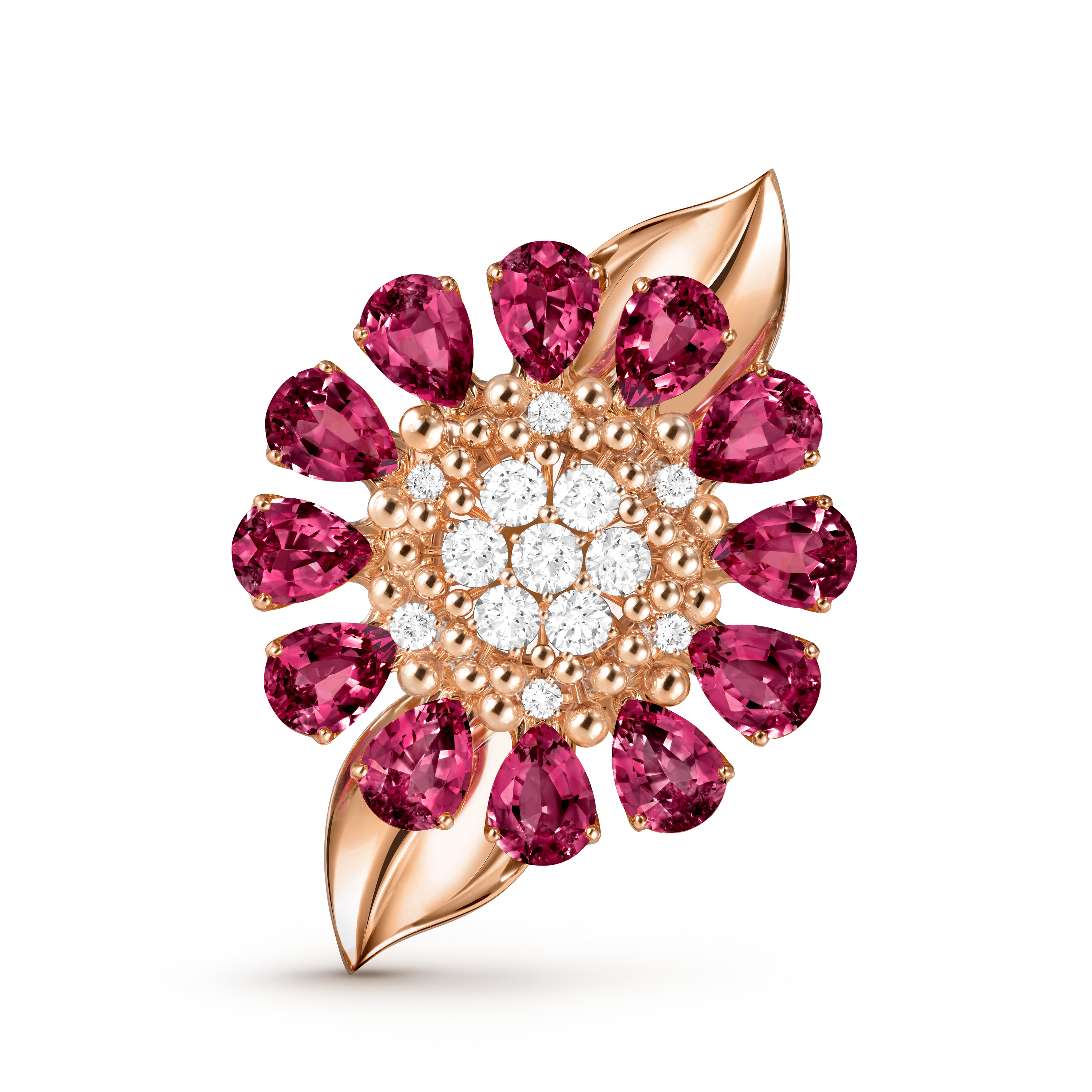 Fleurs d'Hawaï secret watch, 18K rose gold, Diamond:  59 stones,  2.63 carats, Mother-of-pearl:  1 stone, Rhodolite:  12 stones, Three Fourth, Watch - Van Cleef & Arpels
