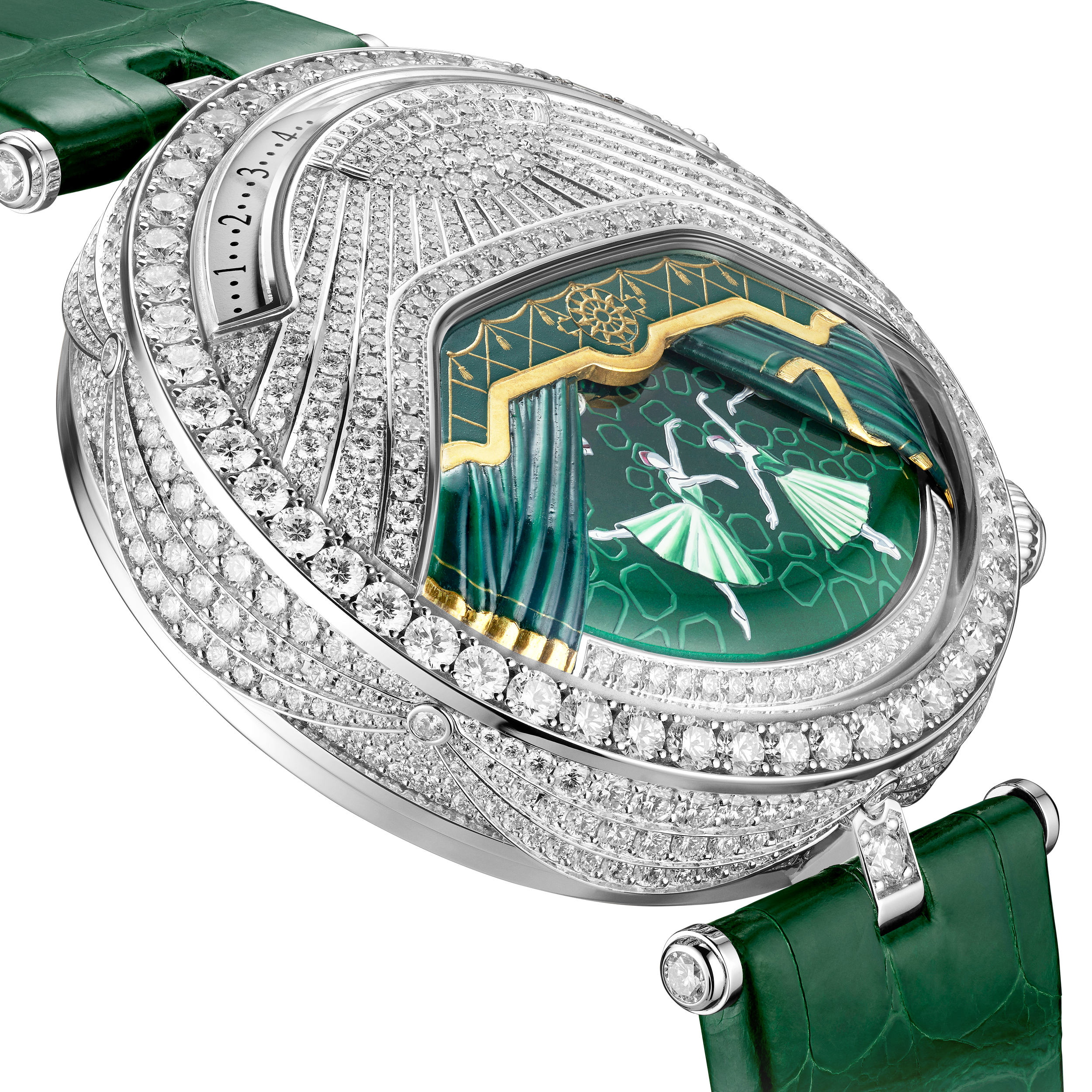 Montre Lady Arpels Ballerine Musicale Emeraude, Or blanc 750/1000, Diamant:  733 pierres,  7.52 carats, Émeraude:  1 pierre,  0.16 carat, Detail, Watch - Van Cleef & Arpels