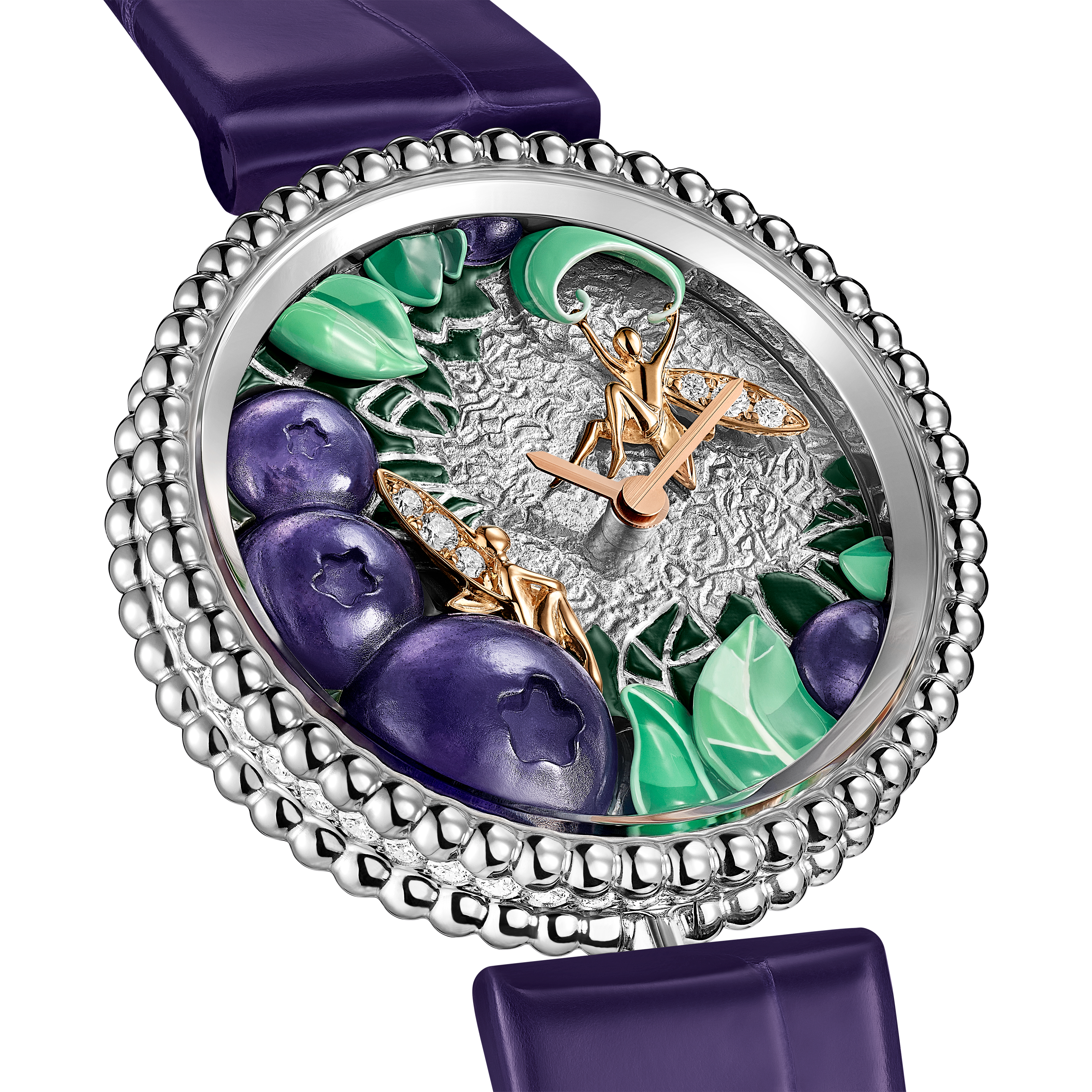 Perlée Extraordinaire Fruits Enchantés Myrtille, 18K white gold, Diamond:  83 stones,  1.07 carats, Detail, Watch - Van Cleef & Arpels