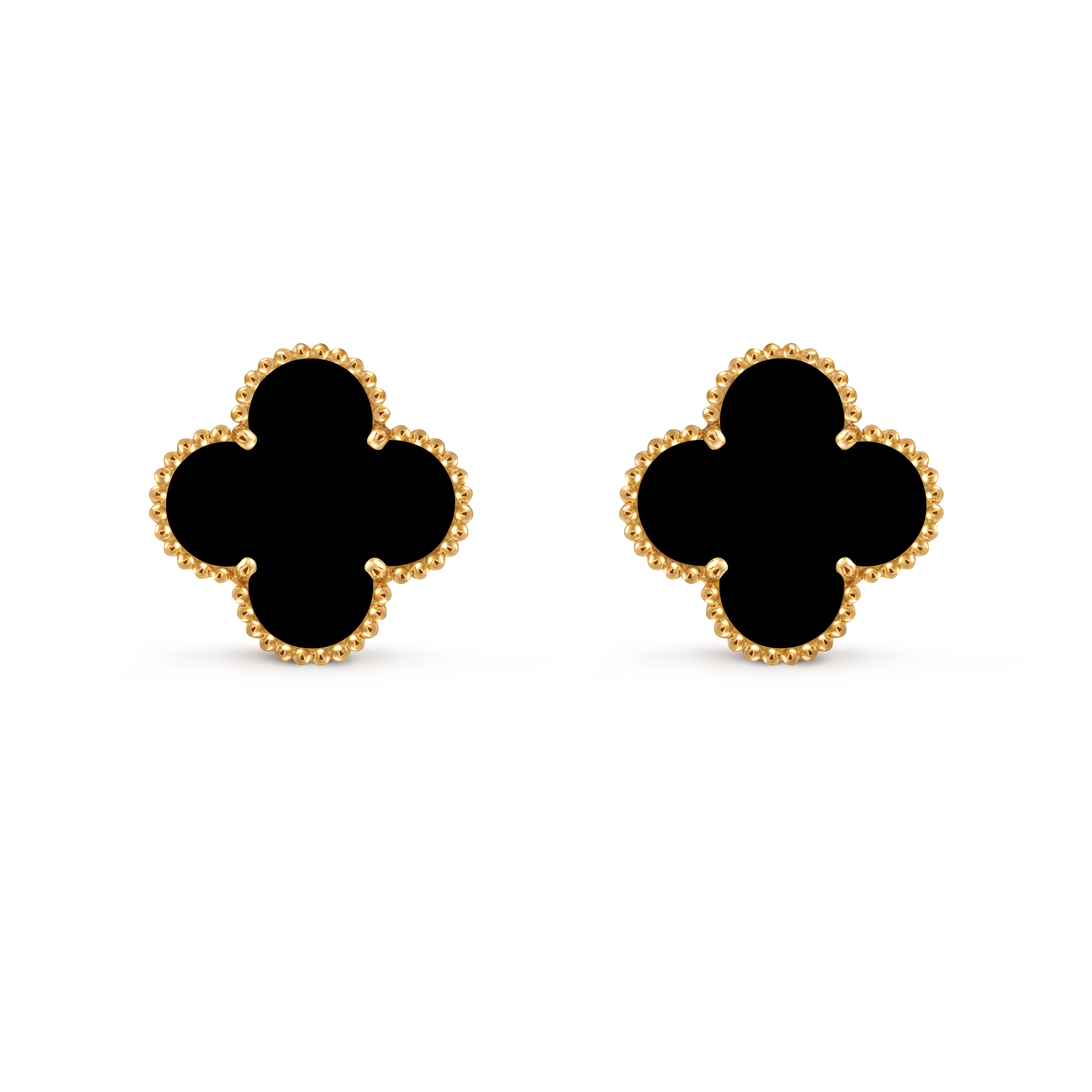 Magic Alhambra earrings, 18K yellow gold, Onyx:  2 stones, Front, Jewelry Earrings - Van Cleef & Arpels