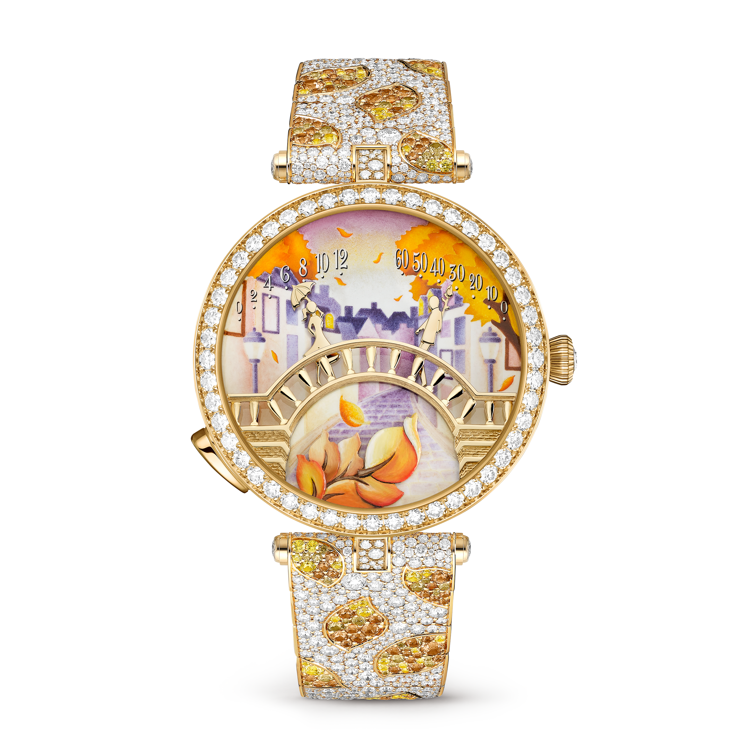 Lady Arpels Pont des Amoureux Automne watch, 18K yellow gold, Diamond:  1,565 stones,  20.57 carats, Sapphire:  116 stones,  1.42 carats, Spessartite:  84 stones,  1.75 carats, Front Alternative, Watch - Van Cleef & Arpels