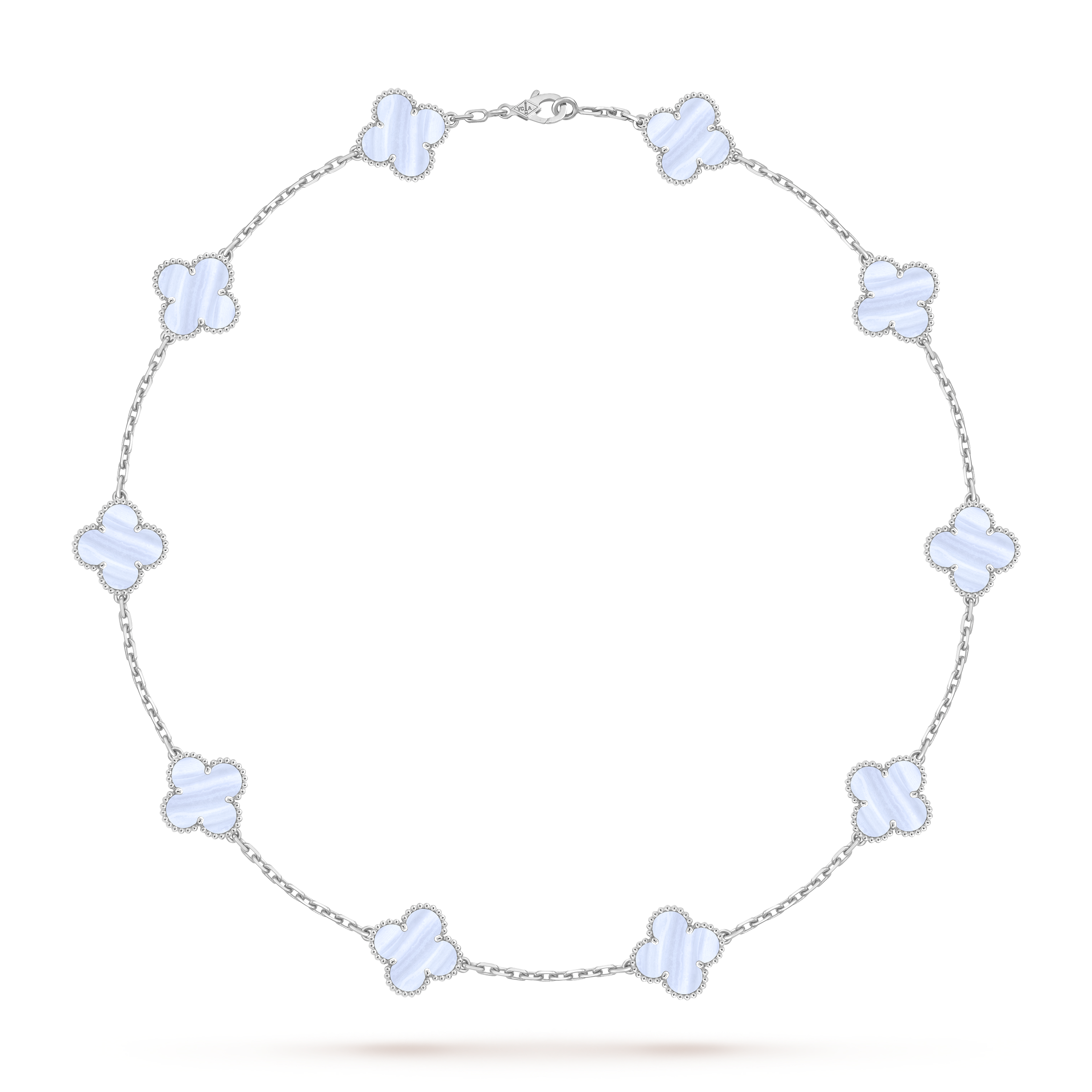 Vintage Alhambra necklace, 10 motifs, 18K white gold, Chalcedony:  10 stones, Front, Jewelry Necklace - Van Cleef & Arpels